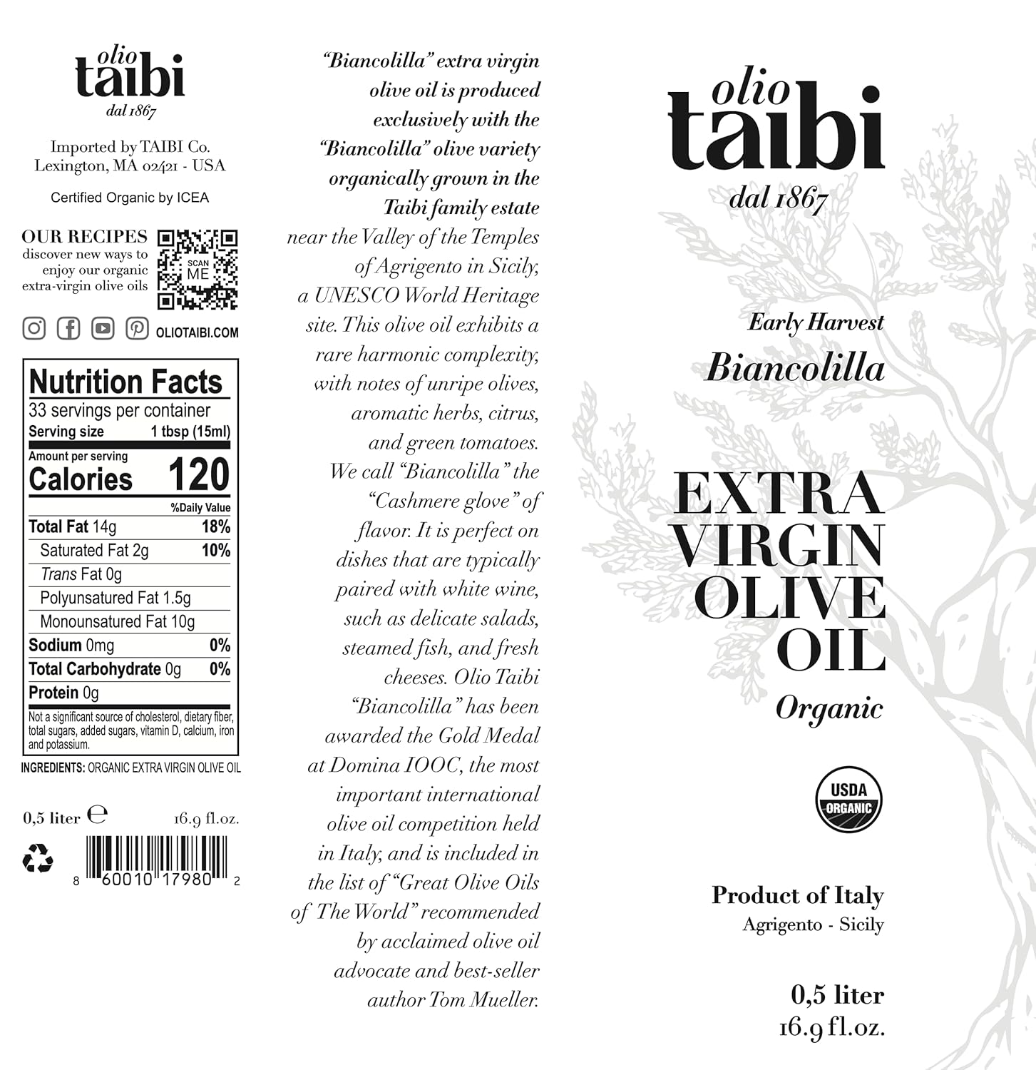 Olio Taibi Award-Winning Organic Extra Virgin Olive Oil, Monocultivar "Biancolilla", Single Sourced Sicily, Italy, High Polyphenols, Unrefined, Large 16.9 Fl Oz