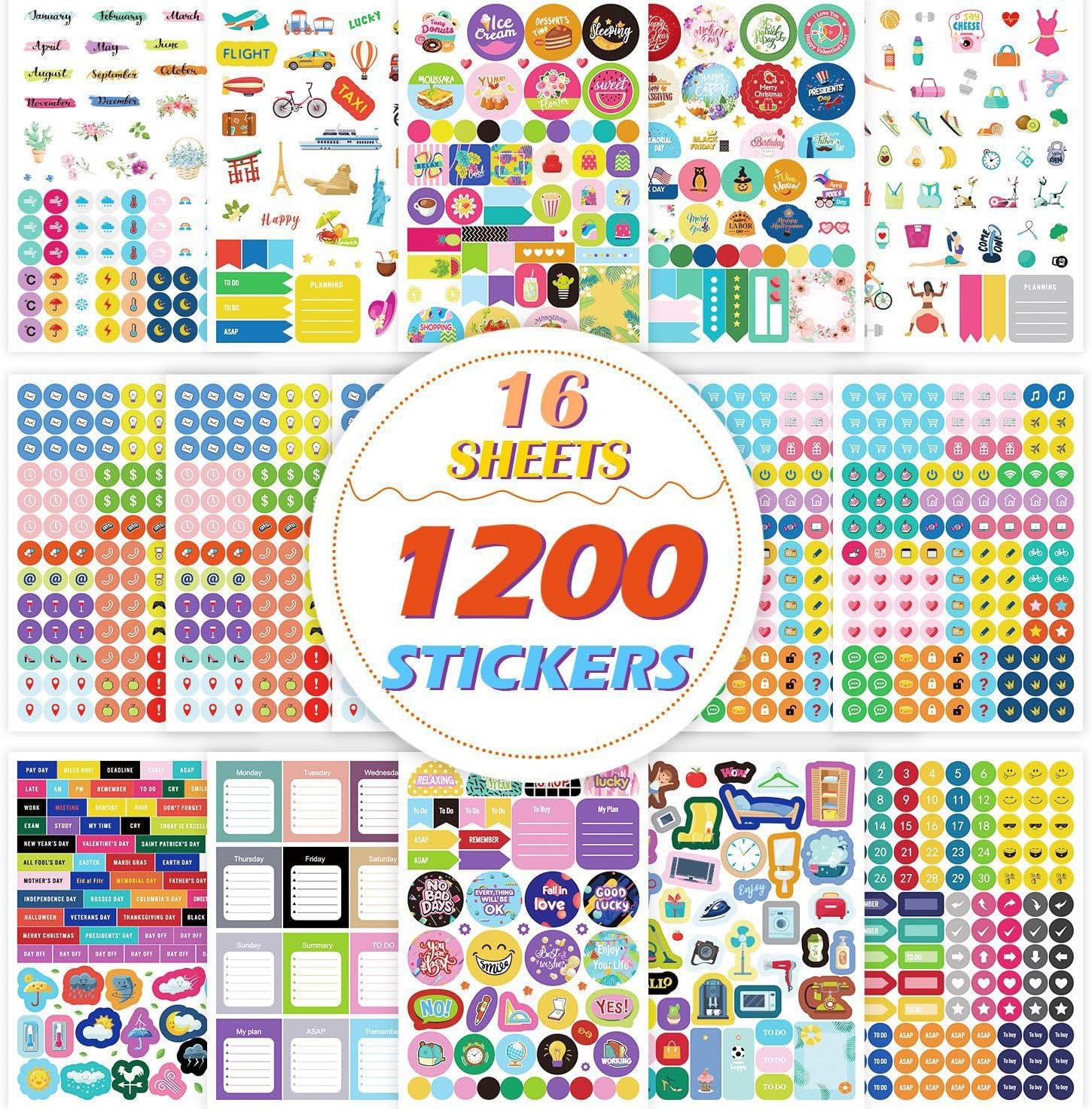 16 Sheets Planner Stickers, Set of 1,200+ Stickers Calendar Work Budget Holiday Planner Accessories