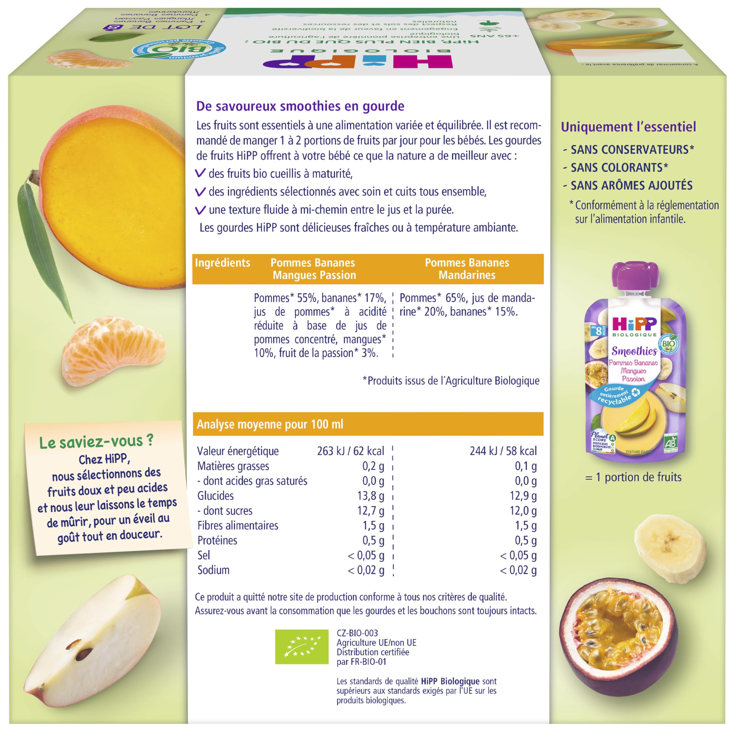 HiPP Smoothies Multipack 2 variétés dès 8 Mois Gourdes 8x90g Lot de 4 BIOLOGIQUE