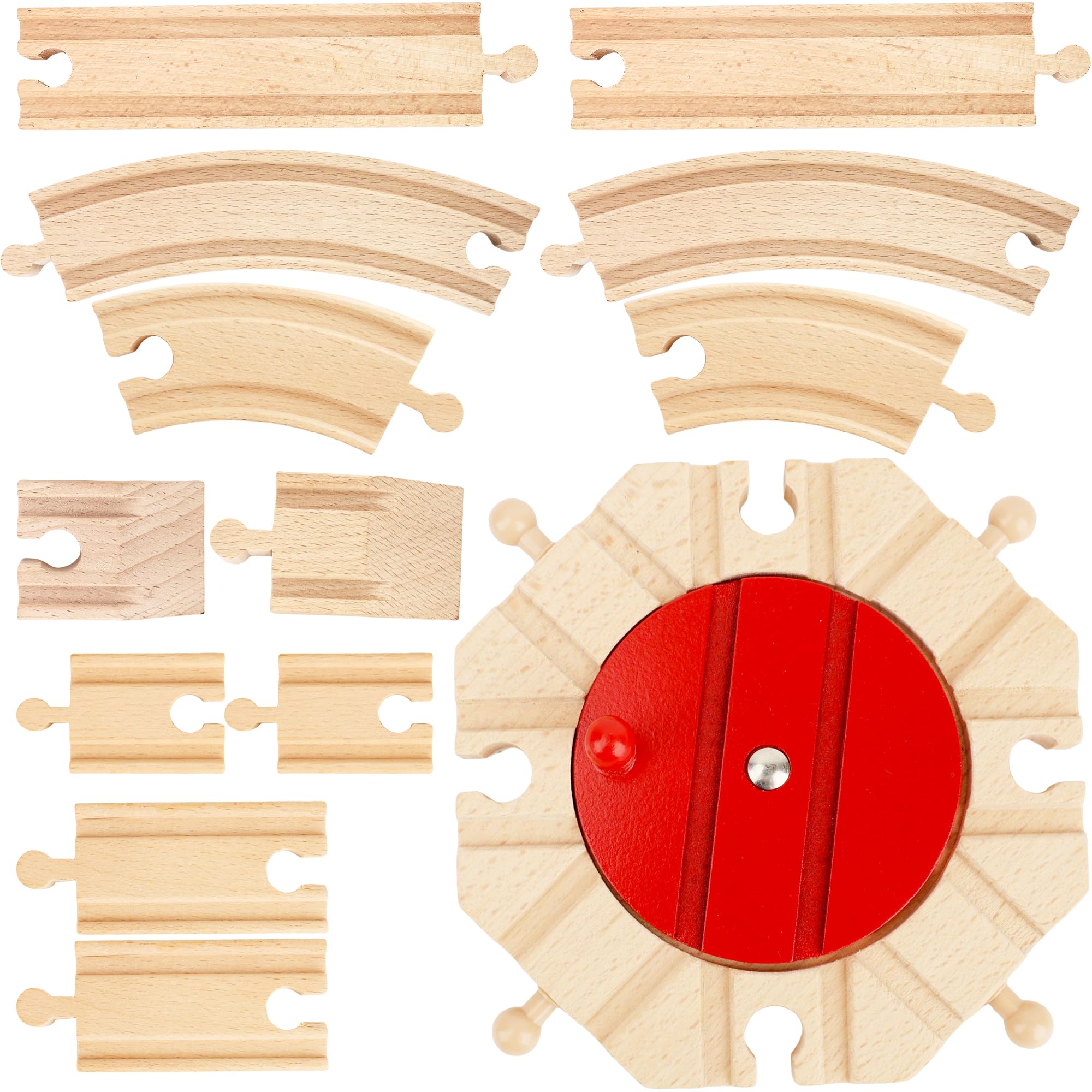 15 Pcs Wooden Train Track Track Rotating Turntables Bulk Hardwood Wood Train Track Expansion Packs Compatible with Most Railway Set