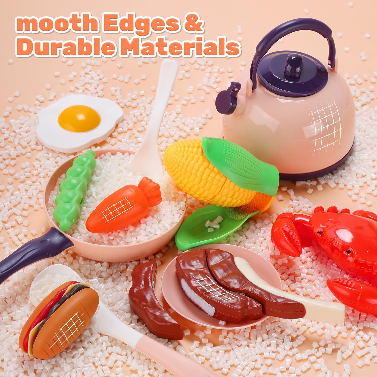 CUTE STONE Play Kitchen Accessories, Cooking Set for Kids with Cutting Play Food & Pretend BBQ, Kids Kitchen Playset with Toy Pots & Pans, Toy Kitchen Sets Learning Gift for Toddlers Girls Boys
