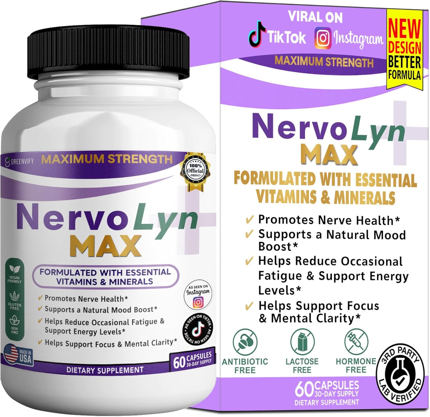 NervoLyn Max Maximum Strength Nerve Support Supplement, 60 Capsules, with Vitamin B Complex, Vegan, Gluten Free, Non-GMO, 30 Day Supply (2)