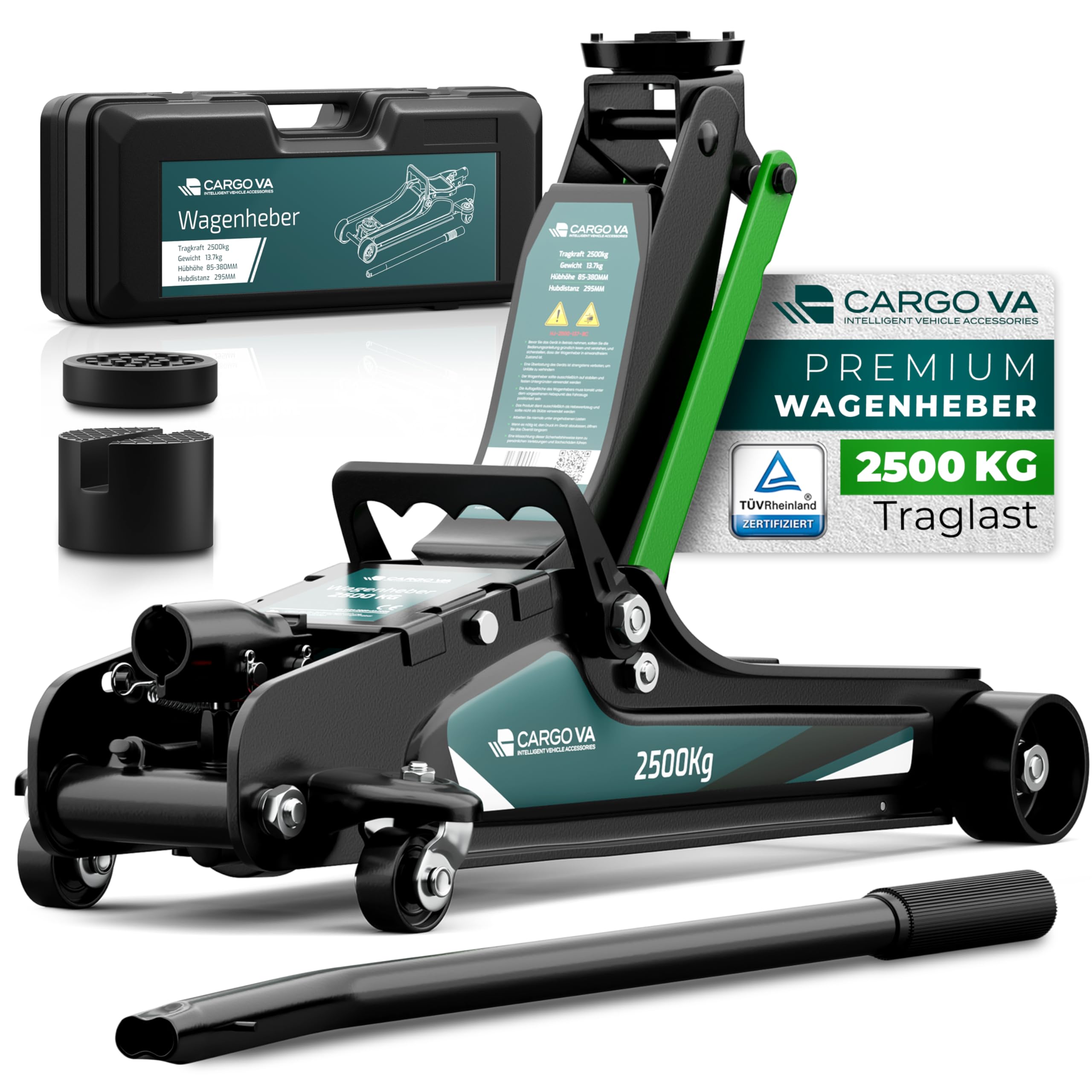 Wagenheber hydraulisch 2,5T – TÜV – 85-380mm Hub – flach für tiefergelegte Autos – Rangierwagenheber inkl. Gummiauflagen [Koffer]