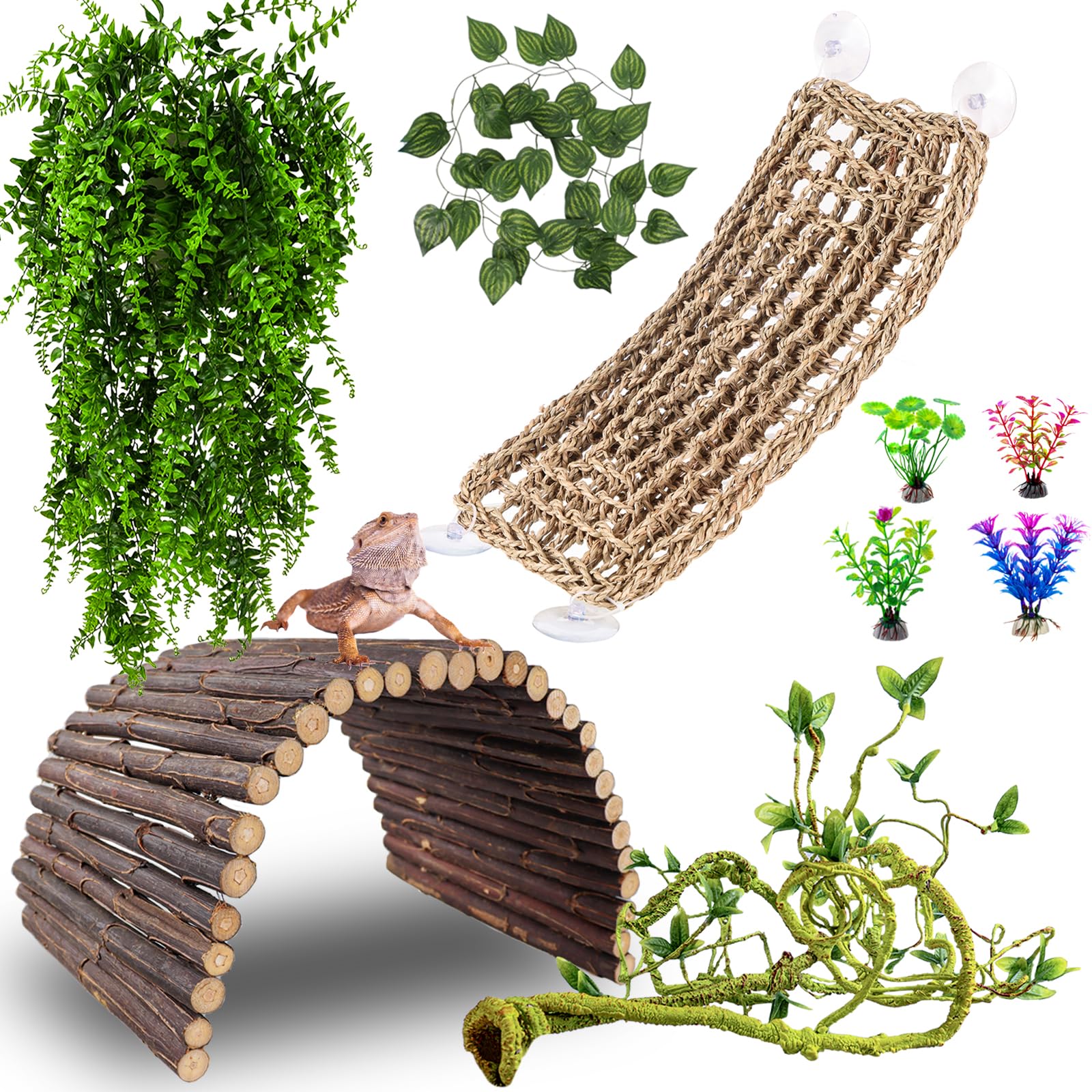 Aquarium Plants 10-Piece Reptile Tank Decor Kit Hammocks, Vines - Main Image