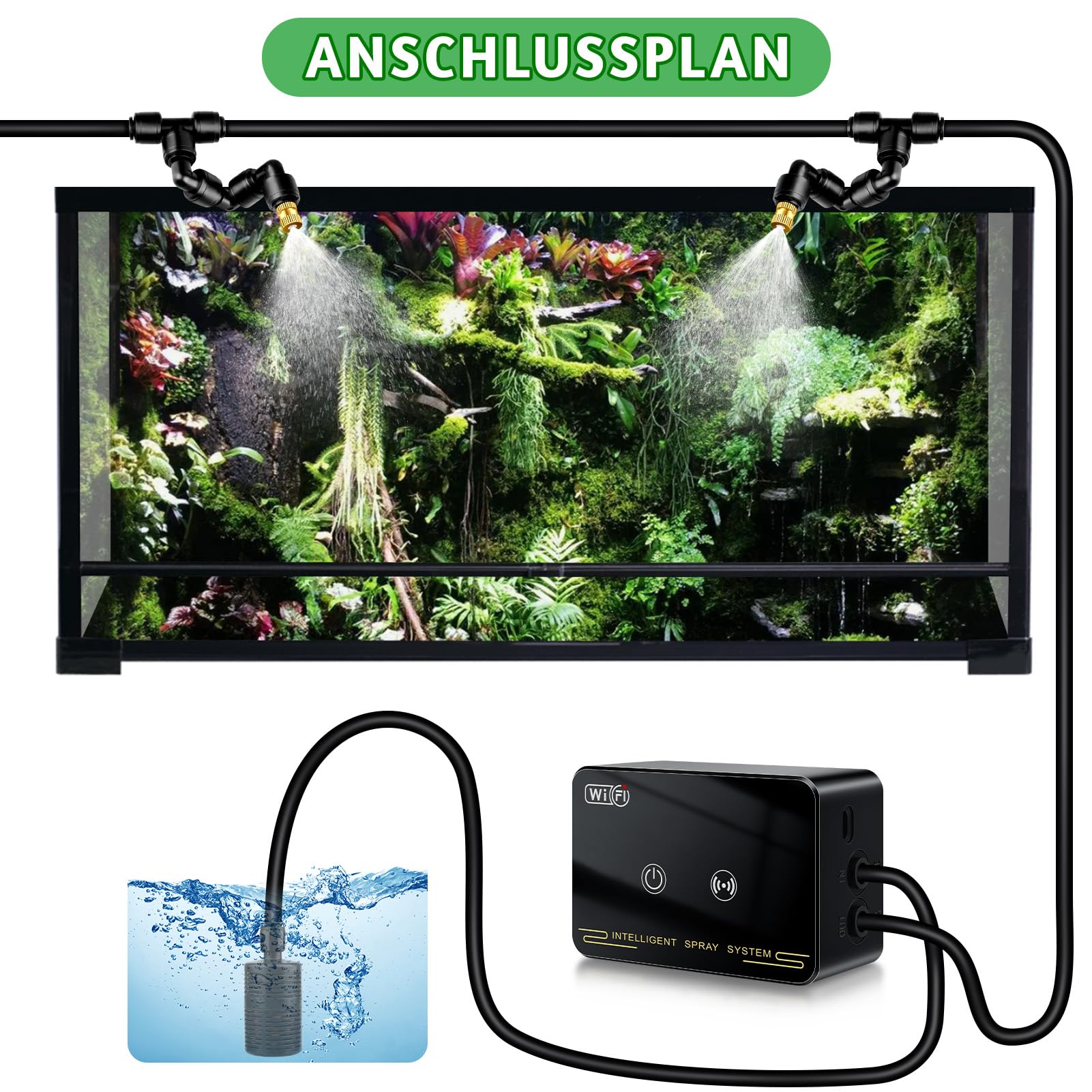 Beregnungsanlage Terrarium, 2025 WiFi Neues Luftbefeuchter Terrarium, Mobiltelefonsteuerung Intelligentes Reptilien Benebelungssystem Kann um 360° Gedreht Werden