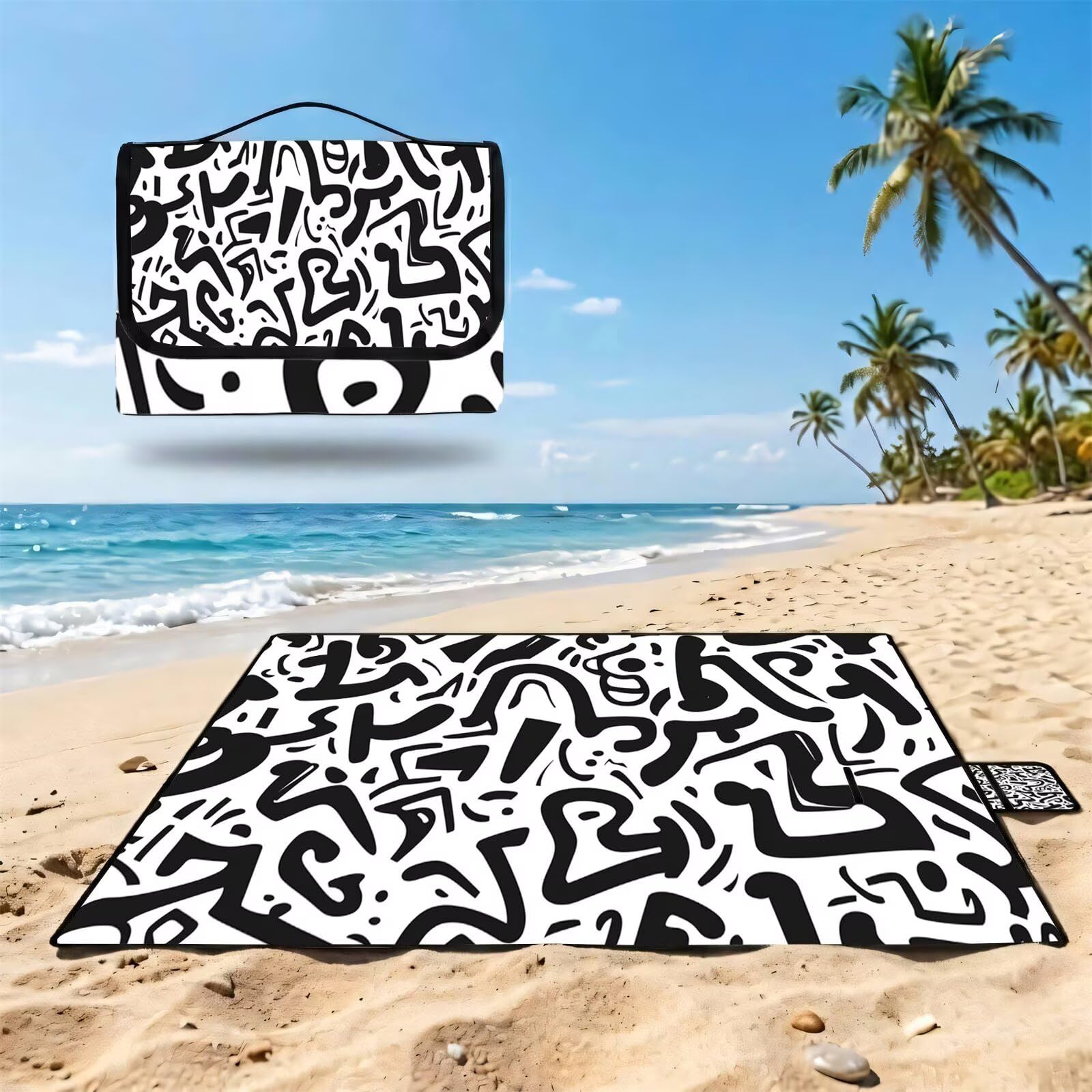 Couverture Pique Nique Grande 200x300cm,Outdoor Couverture Imperméable,Pliable Tapis de Plage Dos en PVC,Picnic Blanket pour Camping Accessoires,Jardin,Parc,Famille - Noir,Blanc,géométrie FZ-177