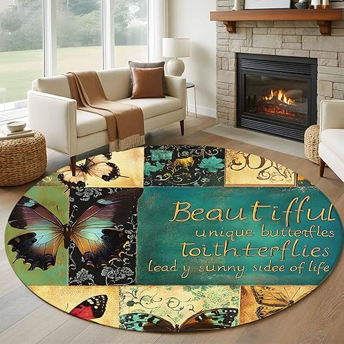 5ft Round Rug, Vintage Butterfly Non-Skid Rubber Backing Large Area Rugs - Living Room Bedroom Home Office, Watercolor Retro Summer Butterflies