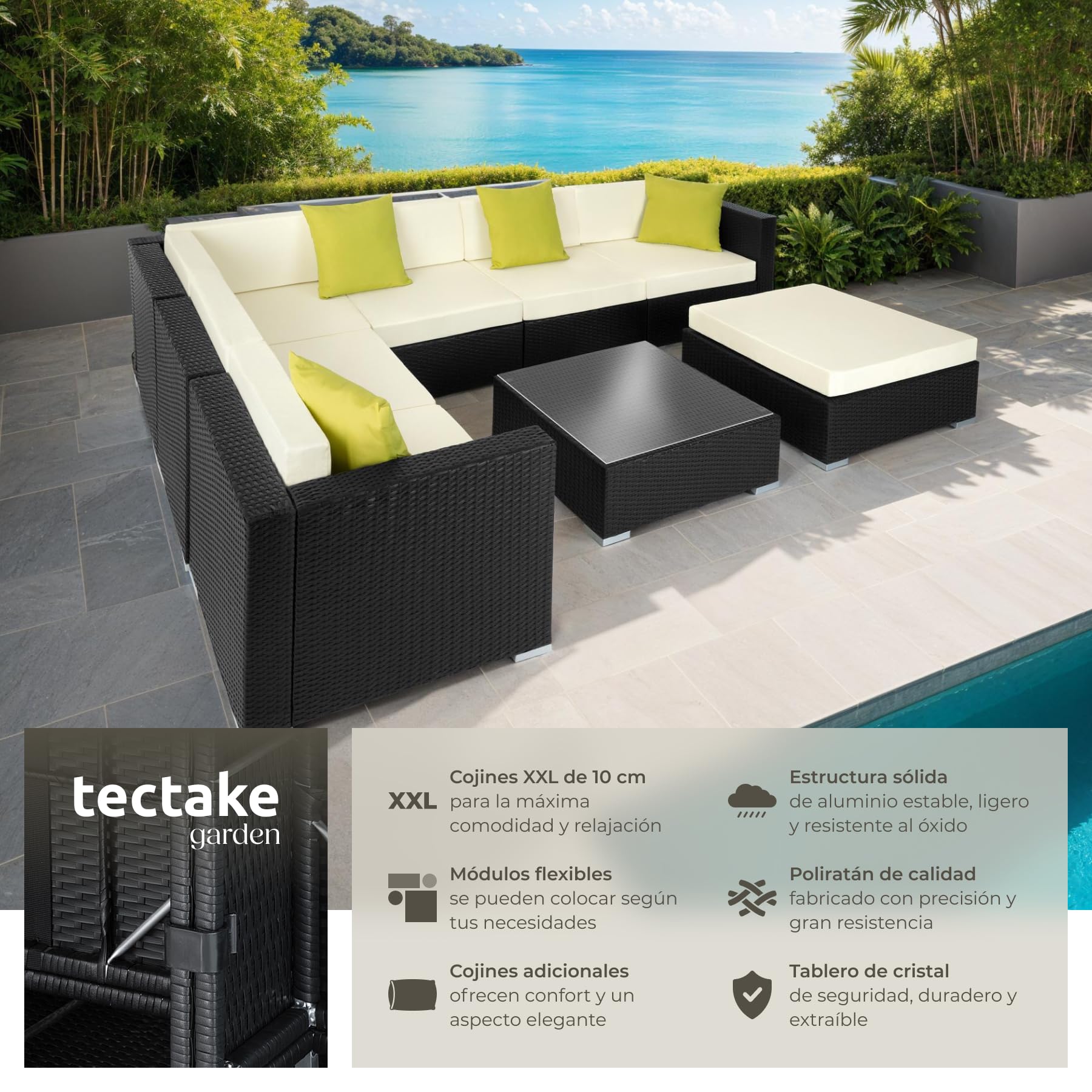 tectake® Conjunto Jardín de Ratán y Aluminio con Cojines (+4 Adicionales), Conjunto Terraza Resistente a la Intemperie y Combinable, Muebles Jardín Exterior 6 Sillones, 1 Puf, 1 Mesa Cristal - Negro