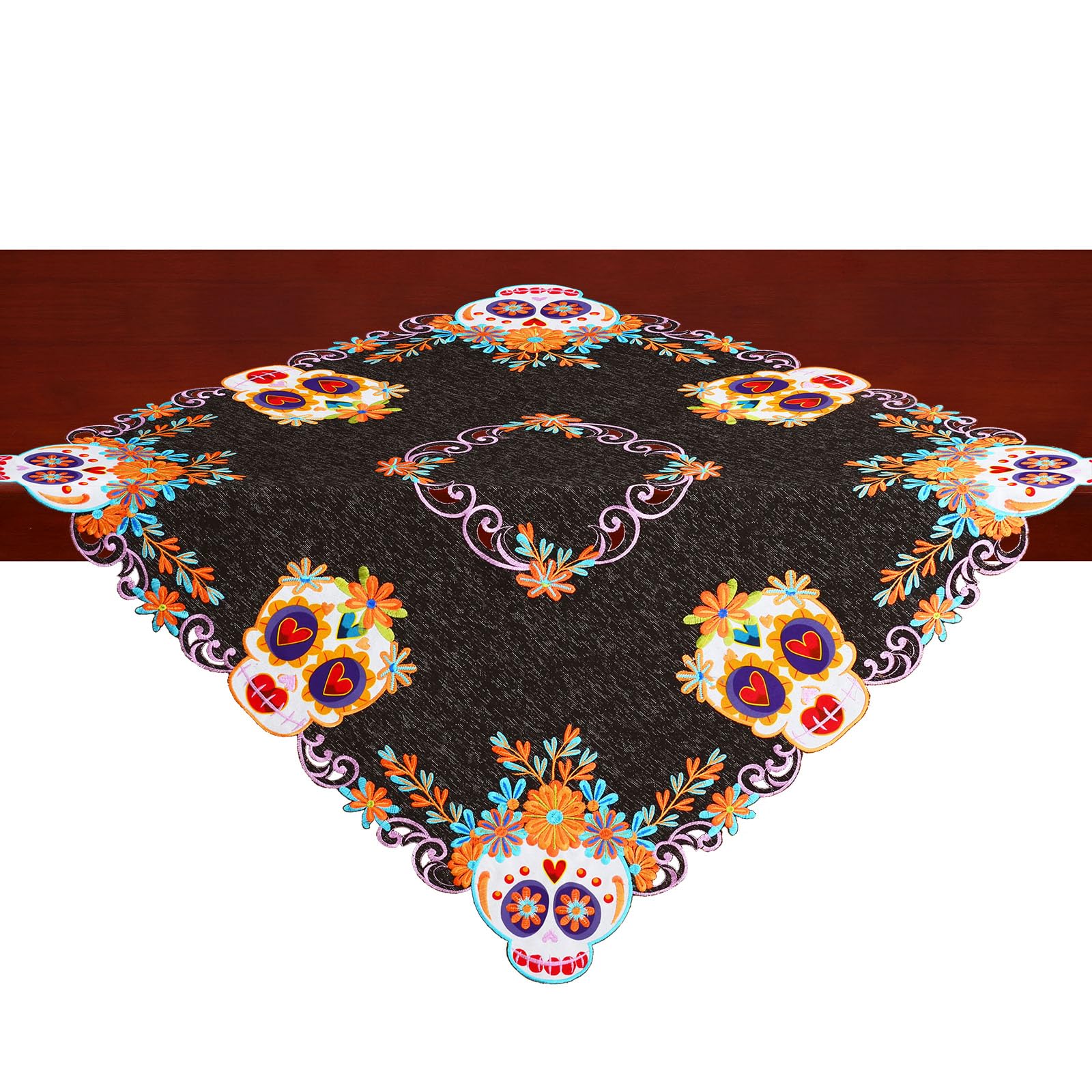 Simhomsen Embroidered Dia De Los Muertos Serape Fiesta Mexican Small Square Tablecloth, Mexico Day of The Dead Kitchen Dining Table Decoration for Home Party Decor (Square 34 Inches)