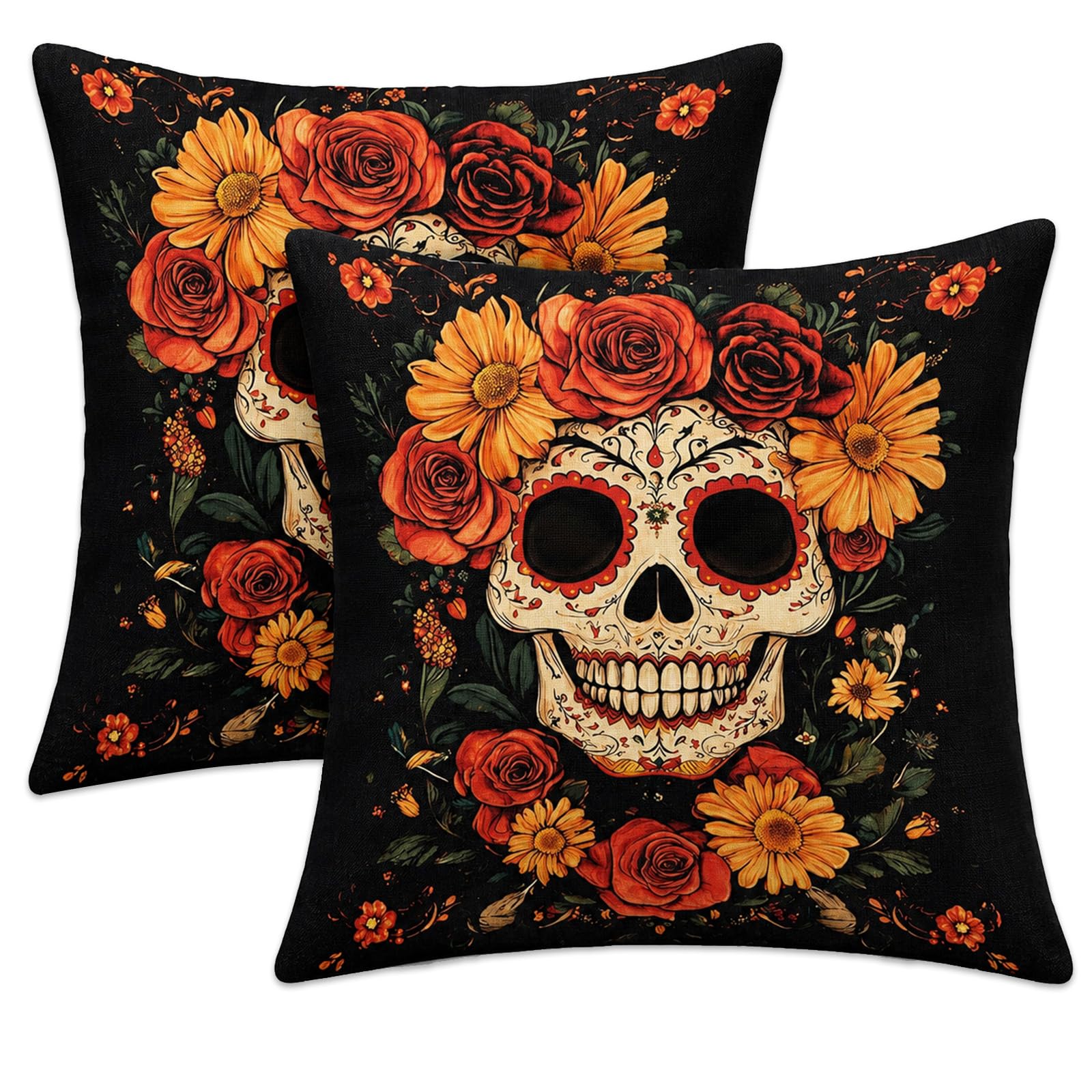 Day of The Dead Sugar Skull Marigold Cushion Covers 45x45cm for Decorations