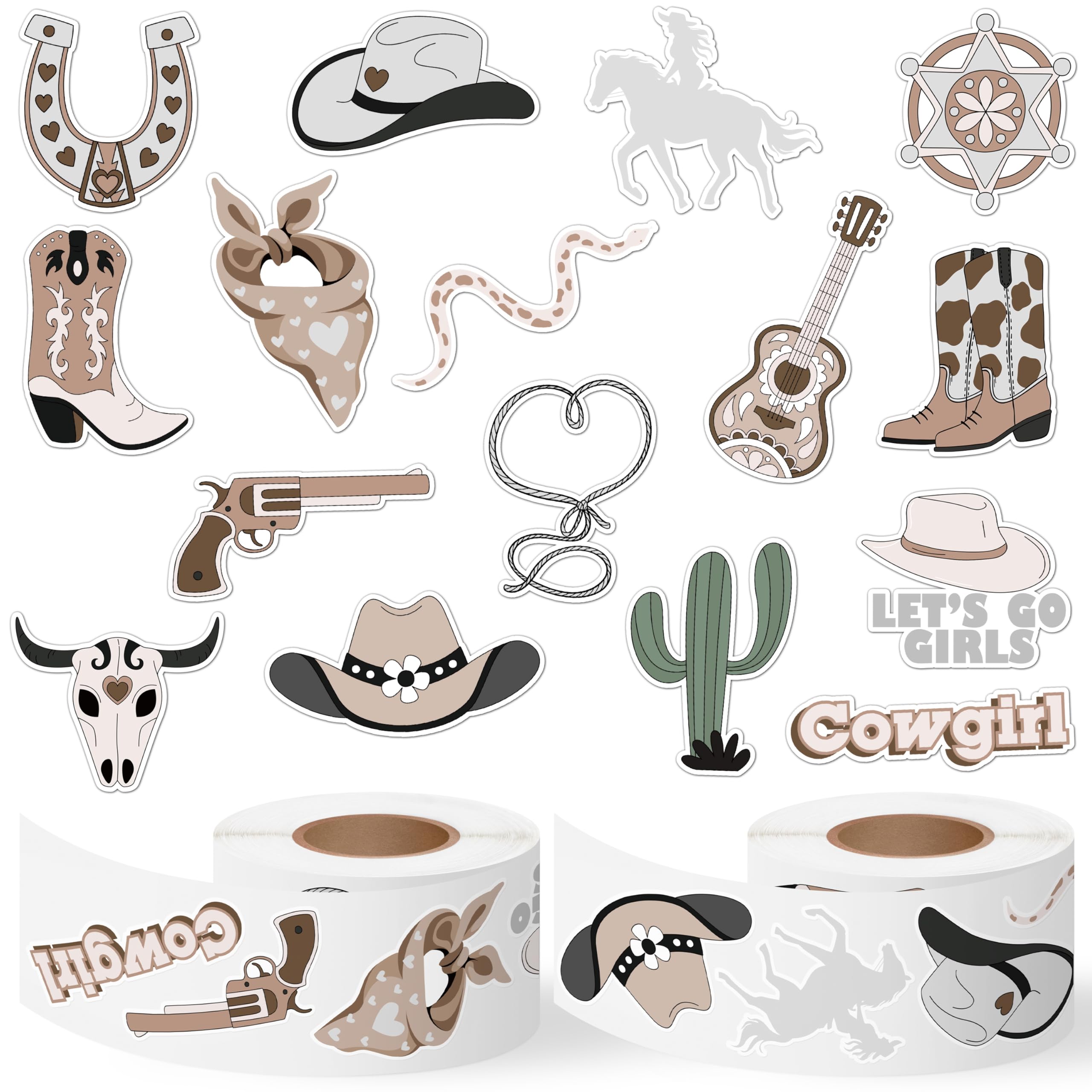 CNhoqc Western Cowgirl Sticker Rolls - 1000 Pcs Silver Hat Boots Cactus Waterproof Vinyl Reusable Laptop Stickers Coloring Book Scrapbook Water Bottle