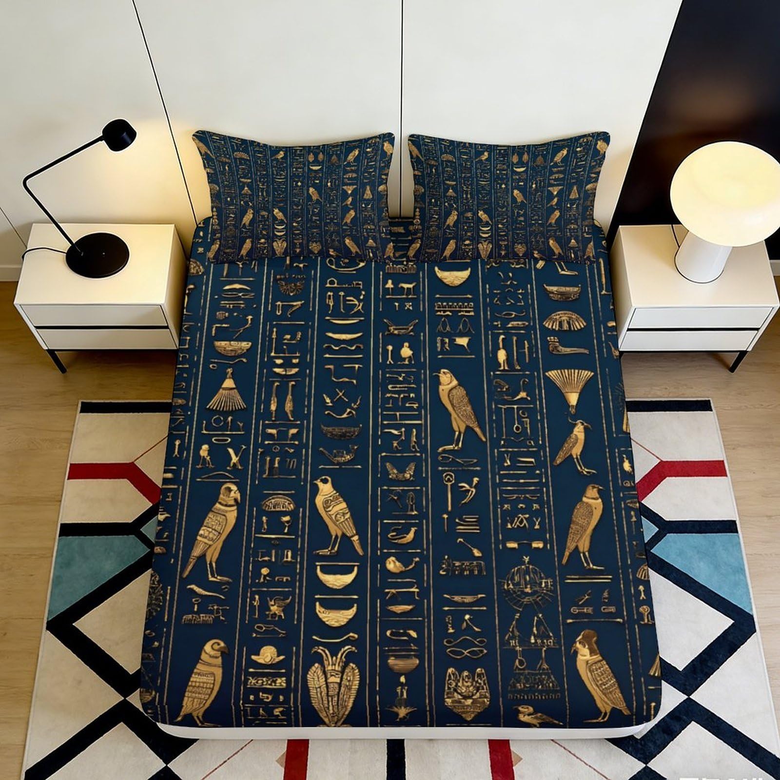 3D Printed Egyptian Totem Fitted Sheet Microfiber Deep Pocket Bedroom Bedding Egyptian Style Mattress Fitted Cover Non-Slip Wrap 90x200x25cm