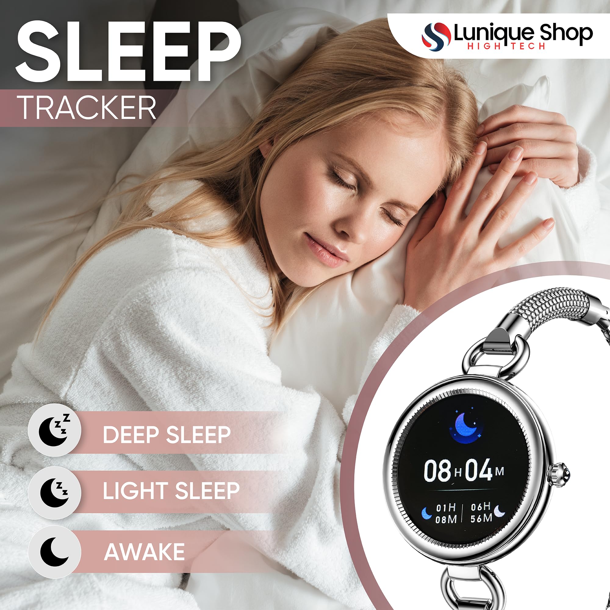 Nowość LSBEAUTY Rhinestone Inteligentny zegarek damski Smartwatch Tlen krwi, napięcie krwi, tętno, krokomierz pogoda muzyka inteligentna bransoletka iOS/Android srebrny