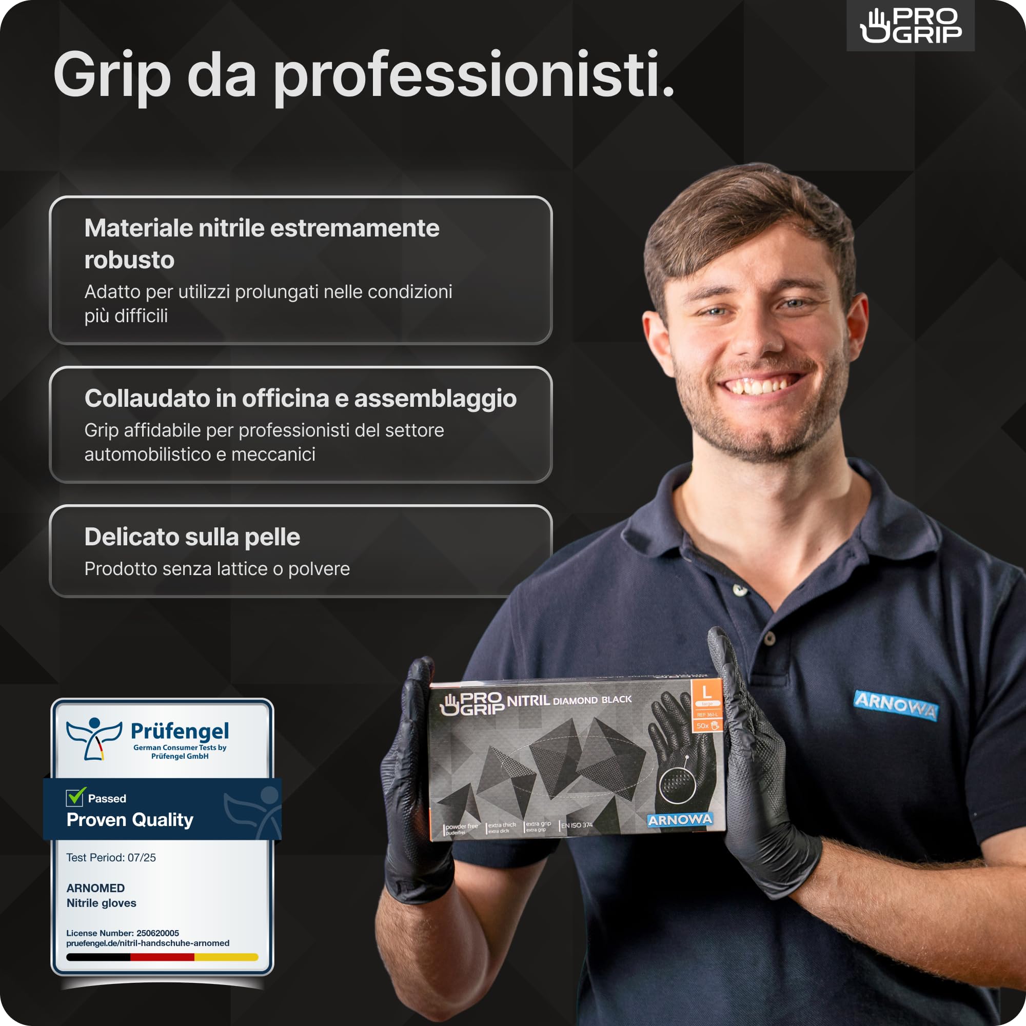50x PROGRIP Guanti nitrile L Nero [Extra resistenti], Guanti monouso plastica, 2x più spessi, con finitura diamantata, Guanti in nitrile per industria e montaggio, guanti lavoro