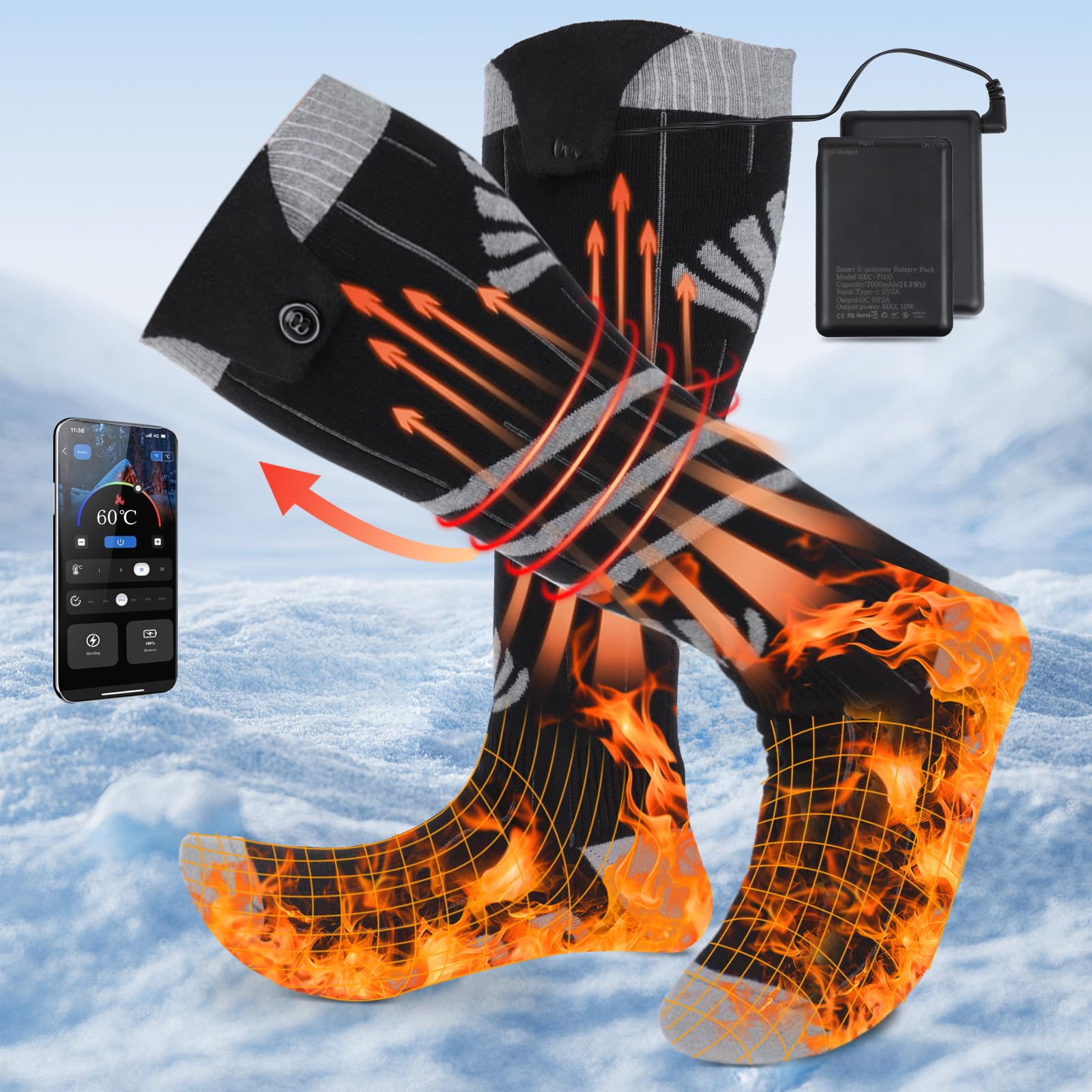 Yaskyly Beheizte Socken 7000mAh - USB Heizsocken Mit APP Steuerung Für Winter