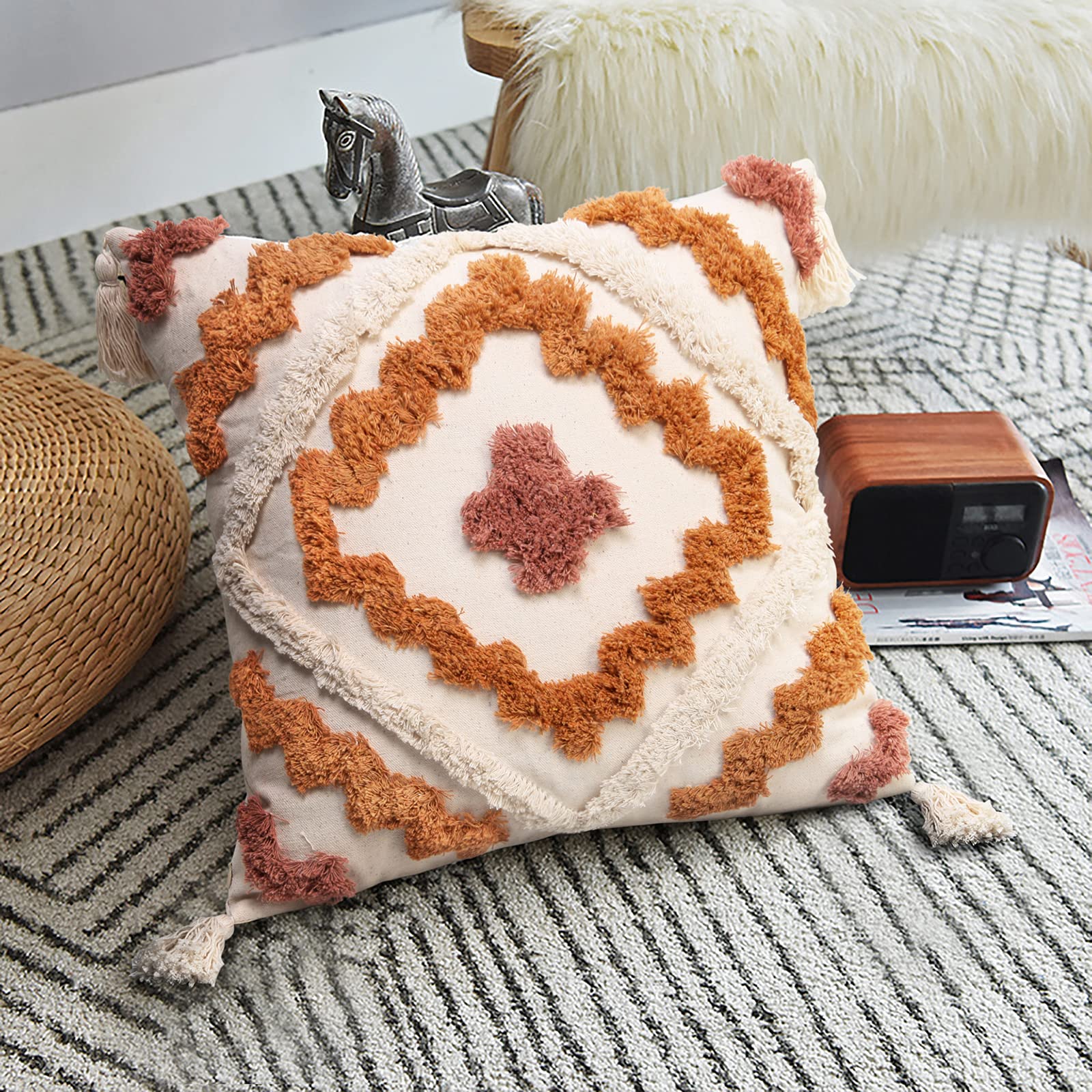 Adabana Boho Throw Pillow Covers Decorative Woven Tufted Diamond Pattern Pillow Cases Farmhouse Pillowcase for Couch Sofa Living Room, 18 x 18 Inches Ivory, Orange, Pink