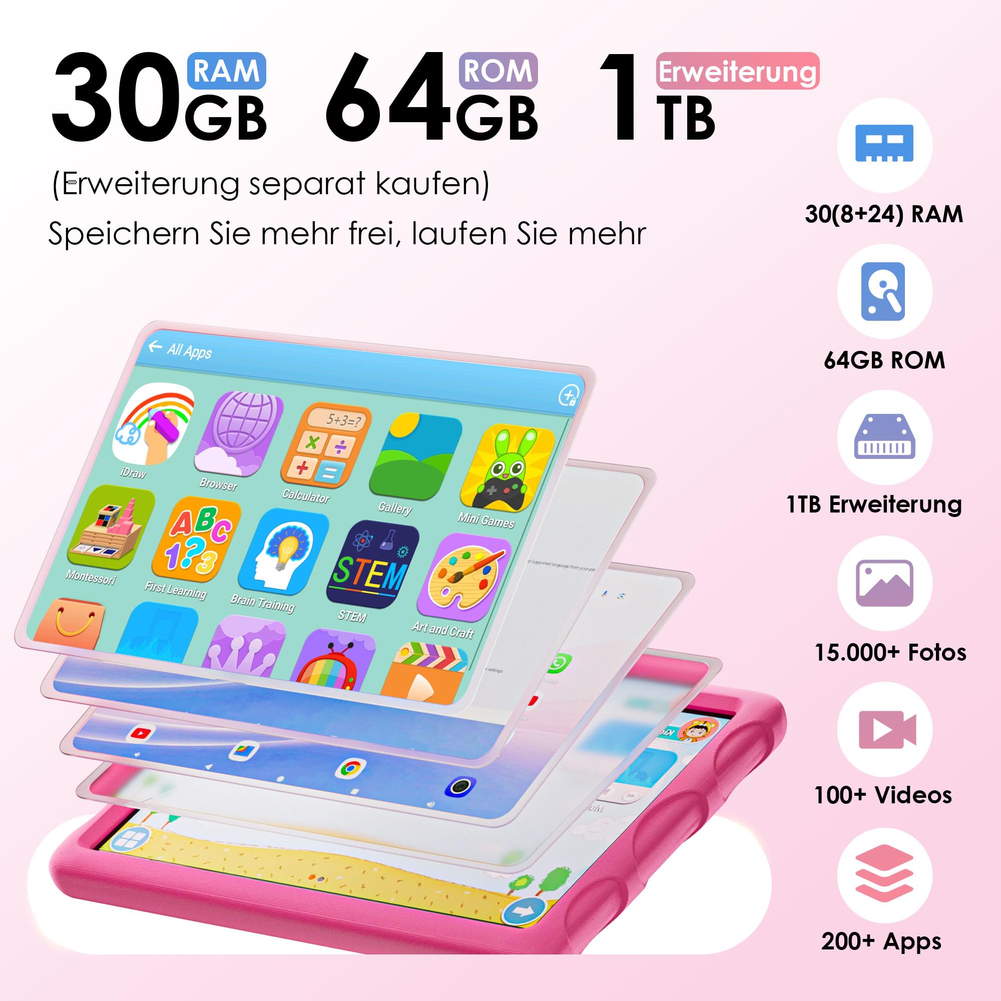 ZENTALITY Kinder Tablet 10 Zoll Android 15 mit 30GB RAM + 64GB ROM(2TB), 5G WLAN 6, Widevine L1, Elterliche Kontrolle, 8-Core, 8000 mAh, Kids Tablet mit Kinder Hülle Eva + 360° Drehbarer Ständer, Rot