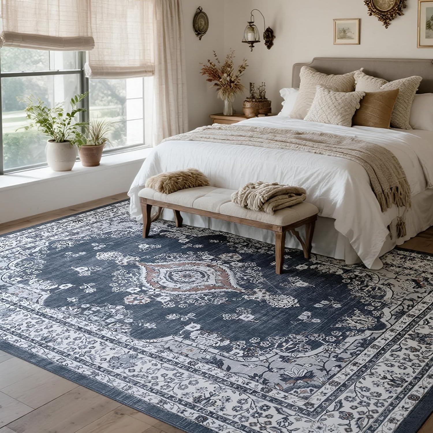 Washable 8x10 Area Rug for Living Room,Traditional Vintage Floral Large Rug,Soft Low Pile Boho Carpet for Dining Room,Guestroom,Office,Kids Room,Farmhouse,Nursery,Living Room Decor