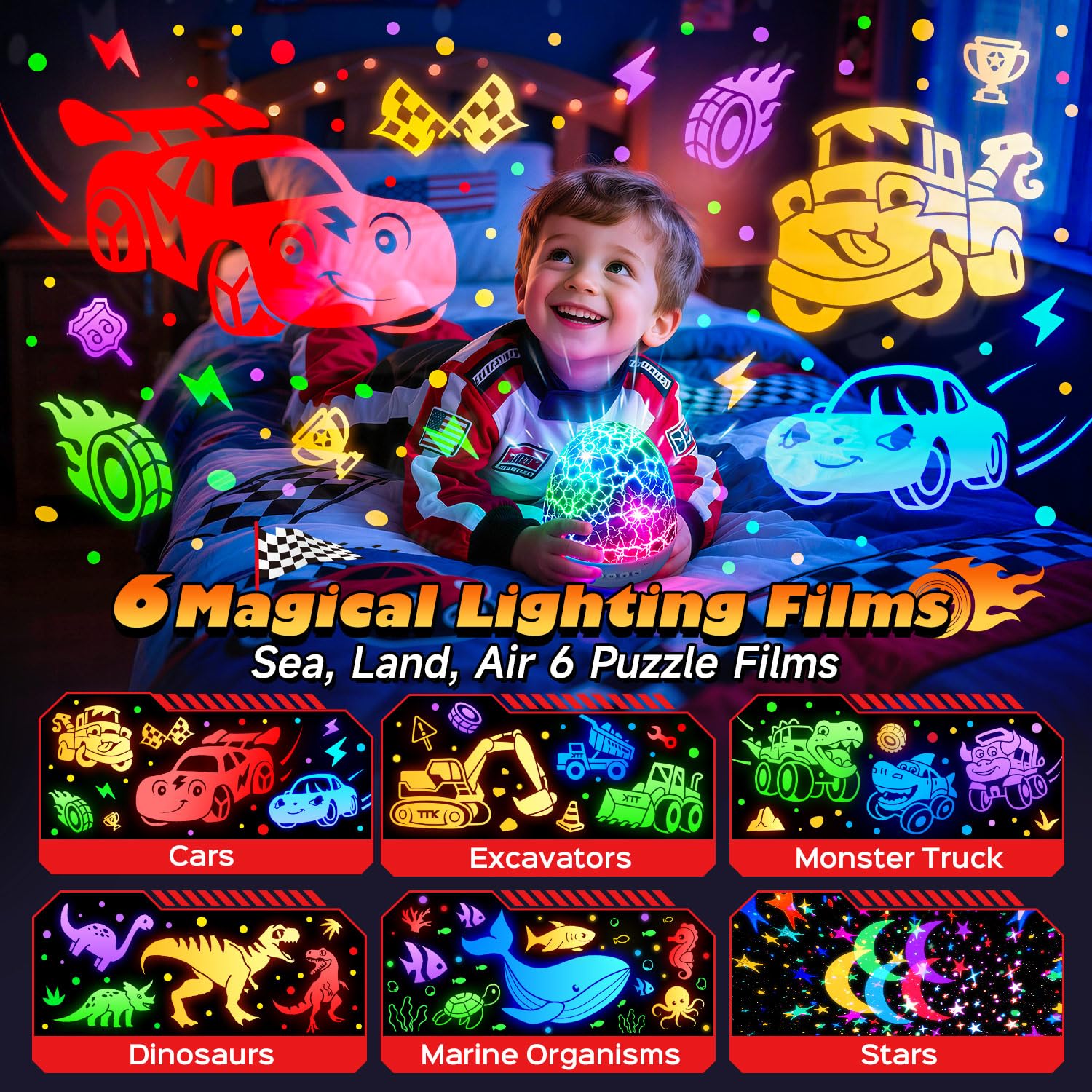 PIKOY Giocattoli per auto giocattolo | Film 6HD+15 suoni+31 colori+telecomando+rotazione a 360° | Auto per bambini 1-3 auto giocattolo per ragazzi età 4-7 anni dinosauro uovo luce per asilo nido