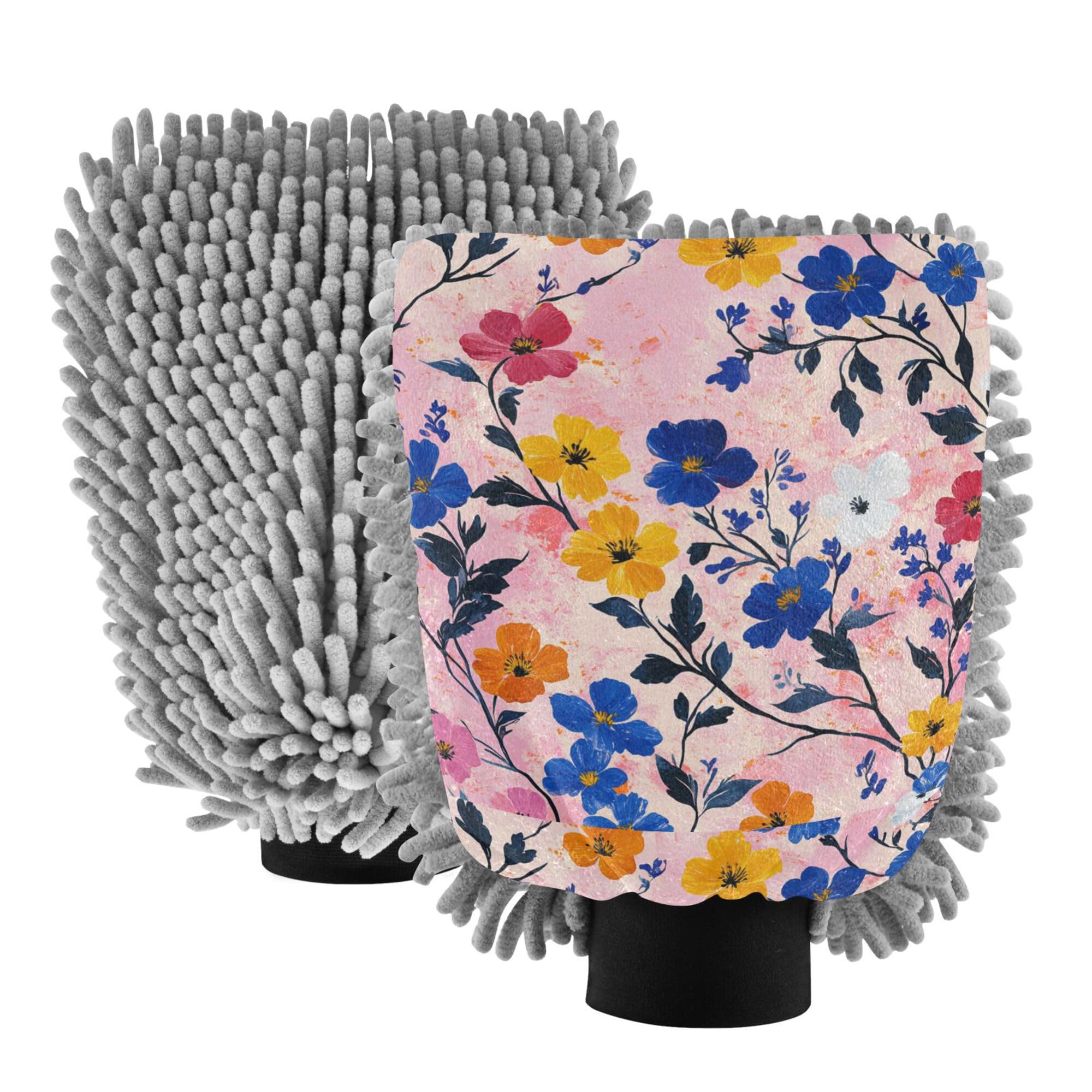 Flowers Hyacinths Peony Iris Pink Car Wash Mitts 11.8'' Gloves for Cars Washing Scratch-Free Cleaning Mitten for Auto Supplies