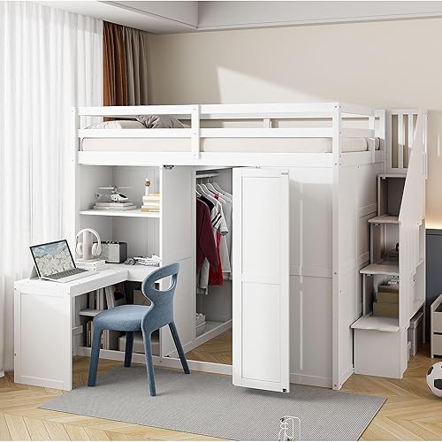 Miniatura 109 de Cama alta funcional tamaño individual con 2 cajones y 2 armarios, base de cama de madera maciza con barandilla de seguridad y escalera de