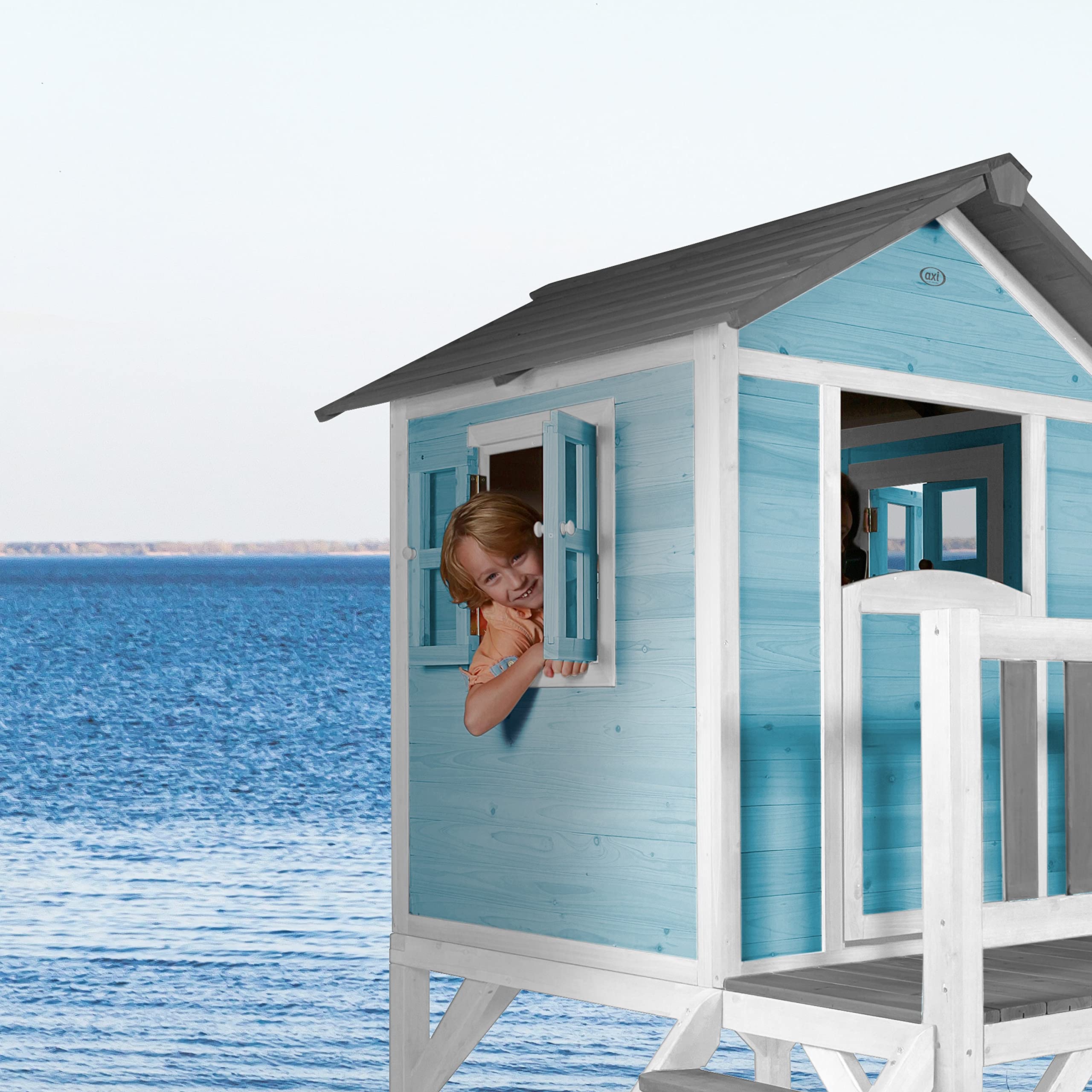 AXI Spielhaus Beach Lodge XL in Blau mit Rutsche in Blau | Stelzenhaus aus FSC Holz für Kinder | Kleiner Spielturm für den Garten