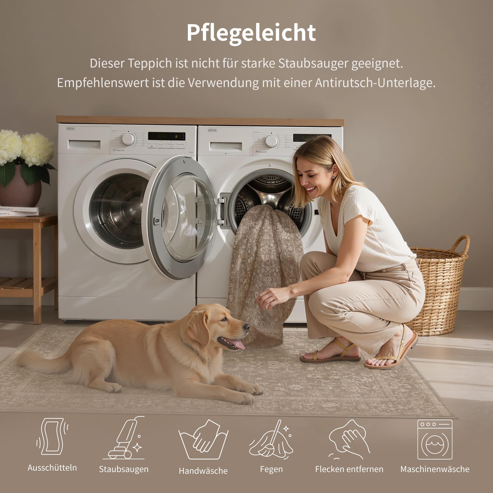 PureCozy Teppich Wohnzimmer 200x300cm Dunkelbraun Waschbarer rutschfest Teppiche – Ansicht 5