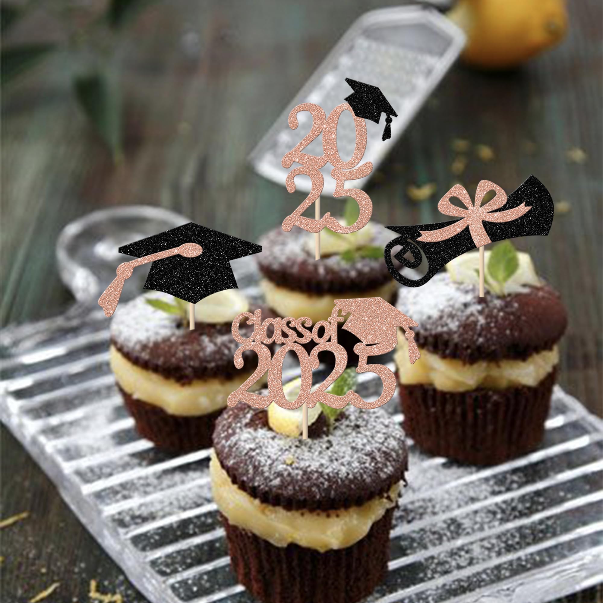 Xsstarmi 24 Pack Class of 2026 Graduation Cupcake Toppers Glitter 2026 Diploma Cupcake Picks for 2026 Graduation Theme Party Cake Decorations Rose Gold - Image 3
