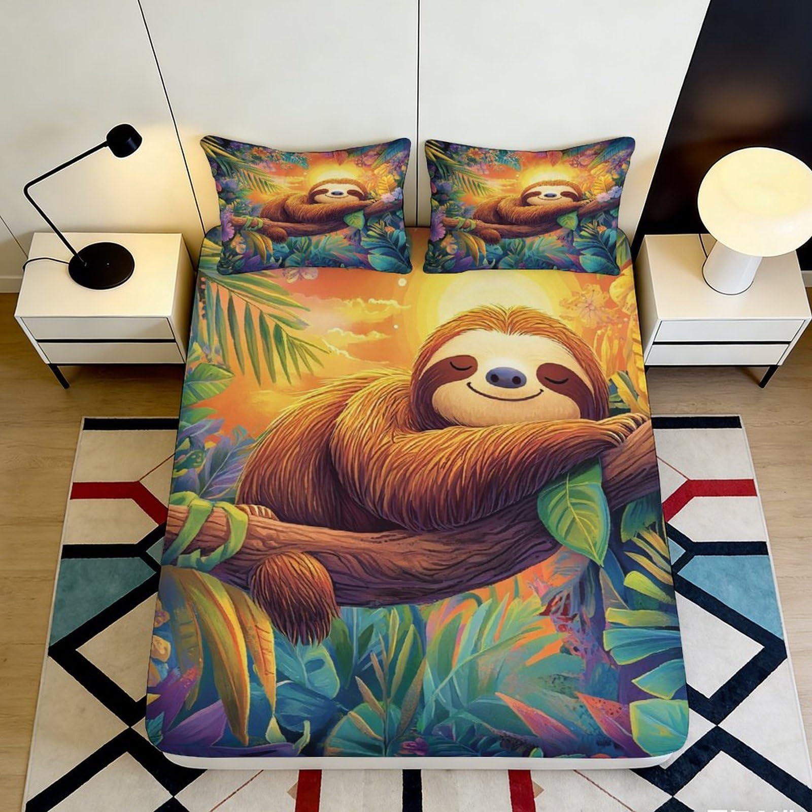 Pnayamiorkfel Style-8 3D Printed Sloth Jungle Fitted Sheet Microfiber Soft Breathable Sunset Tree Mattress Cover For Bedroom Guest Room Decor 90X200x25cm