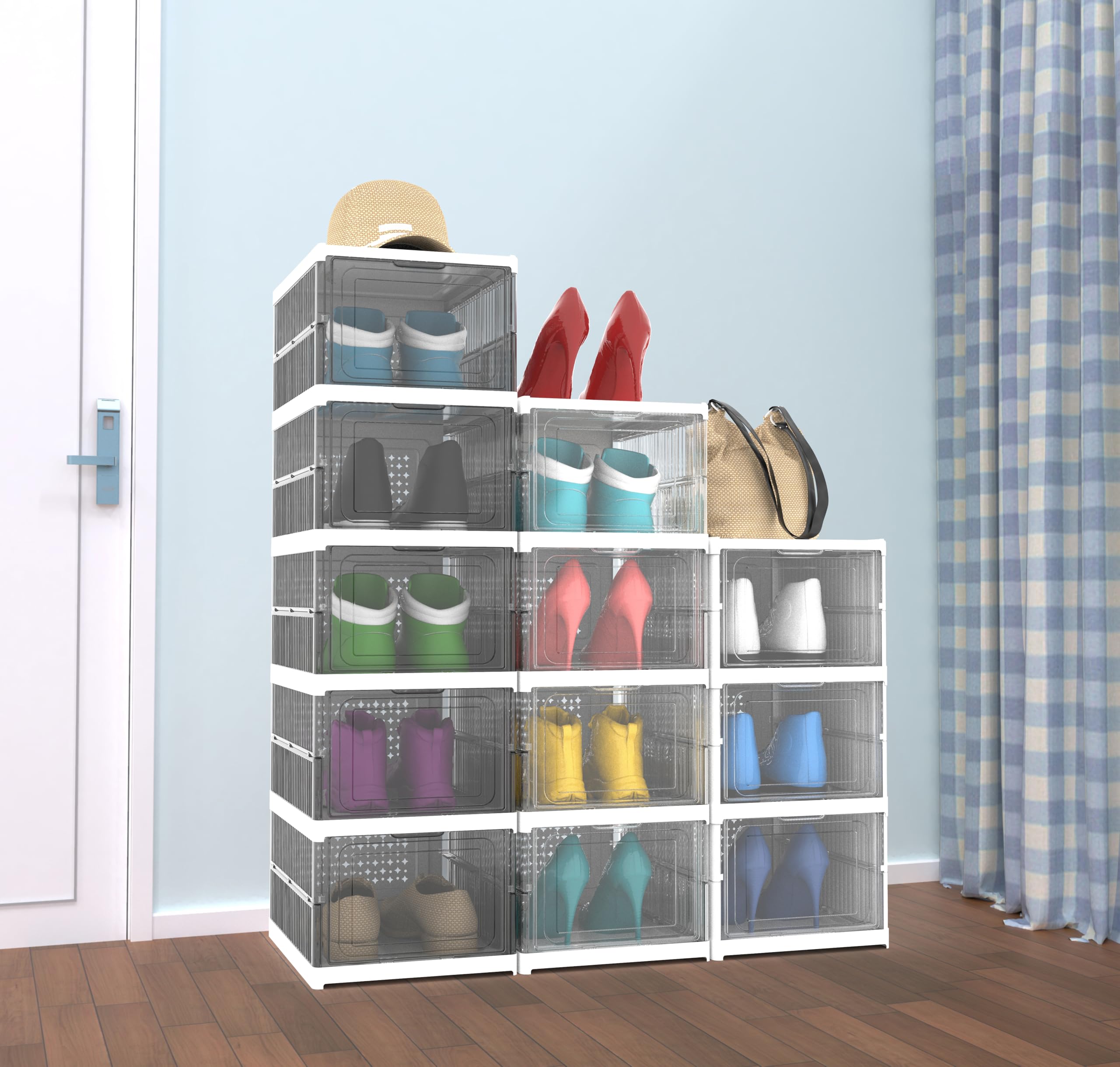 Confezione da 6 scatole per scarpe, scatola per scarpe integrata, non richiede montaggio, impilabili, robuste, pieghevoli, organizer trasparente per scarpe e organizer (bianco)