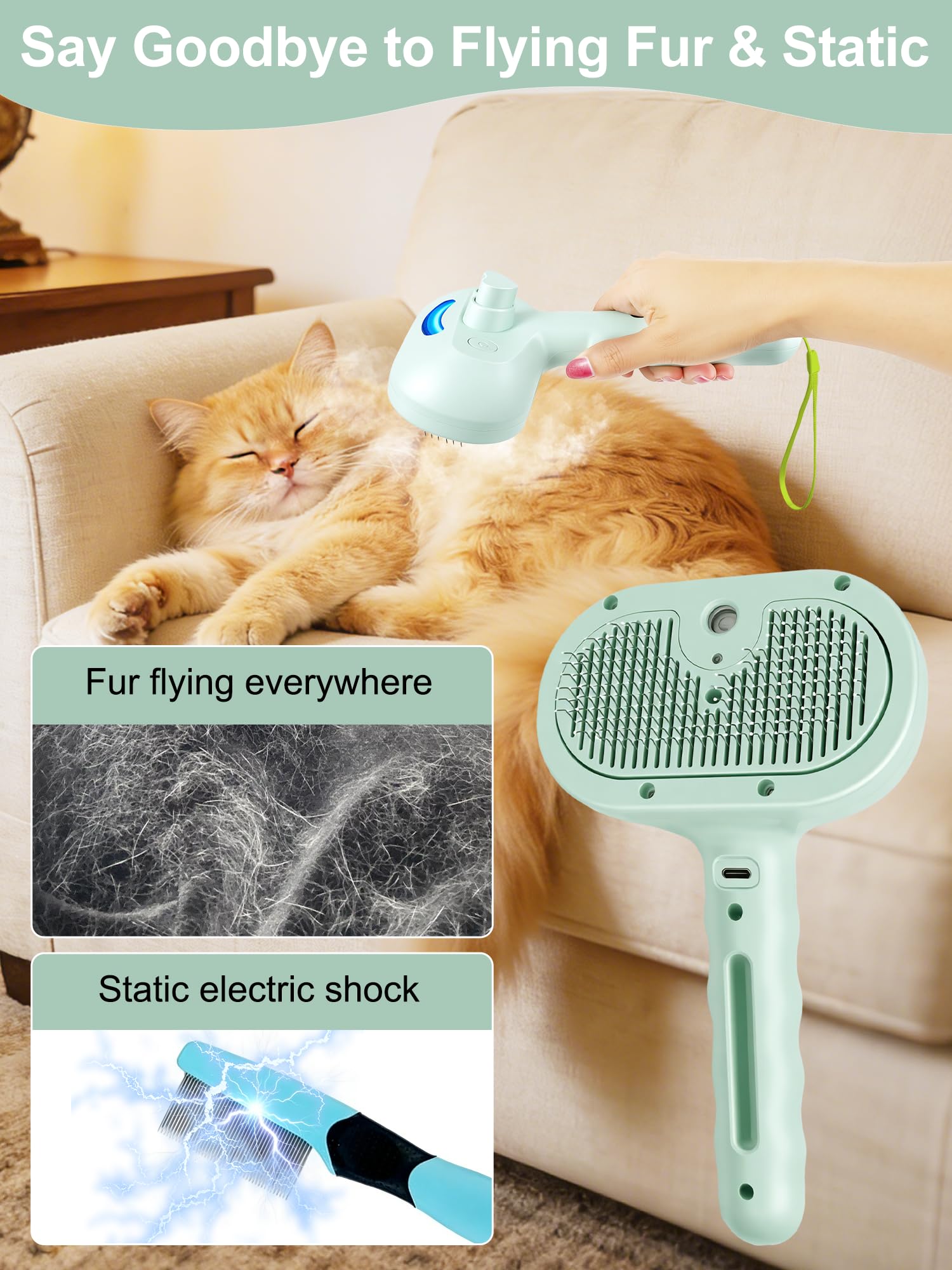 Cepillo de vapor 5 en 1 para perros y gatos con botón de vapor y liberación, herramienta de aseo para mascotas de interior, eliminación de pelo de gato, agua para animales pequeños, pelo largo y corto