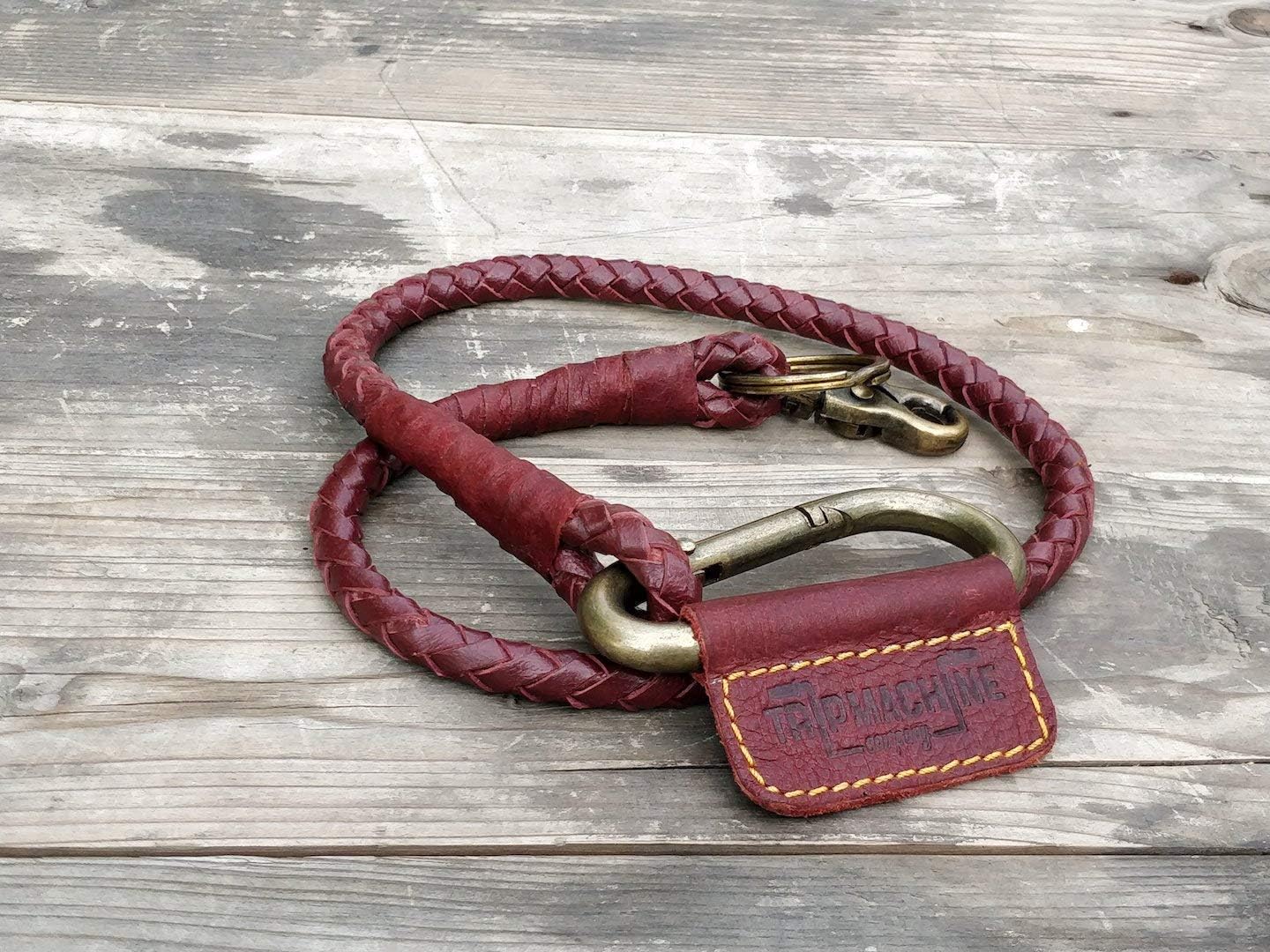Trip Machine CompanyGenuine Leather Motorcycle Handmade Braided Keychain WIth Heavy Duty Antique Metal Carabiners Keyring Secure Durable & Vintage Design For Bike Car (Cherry Red)