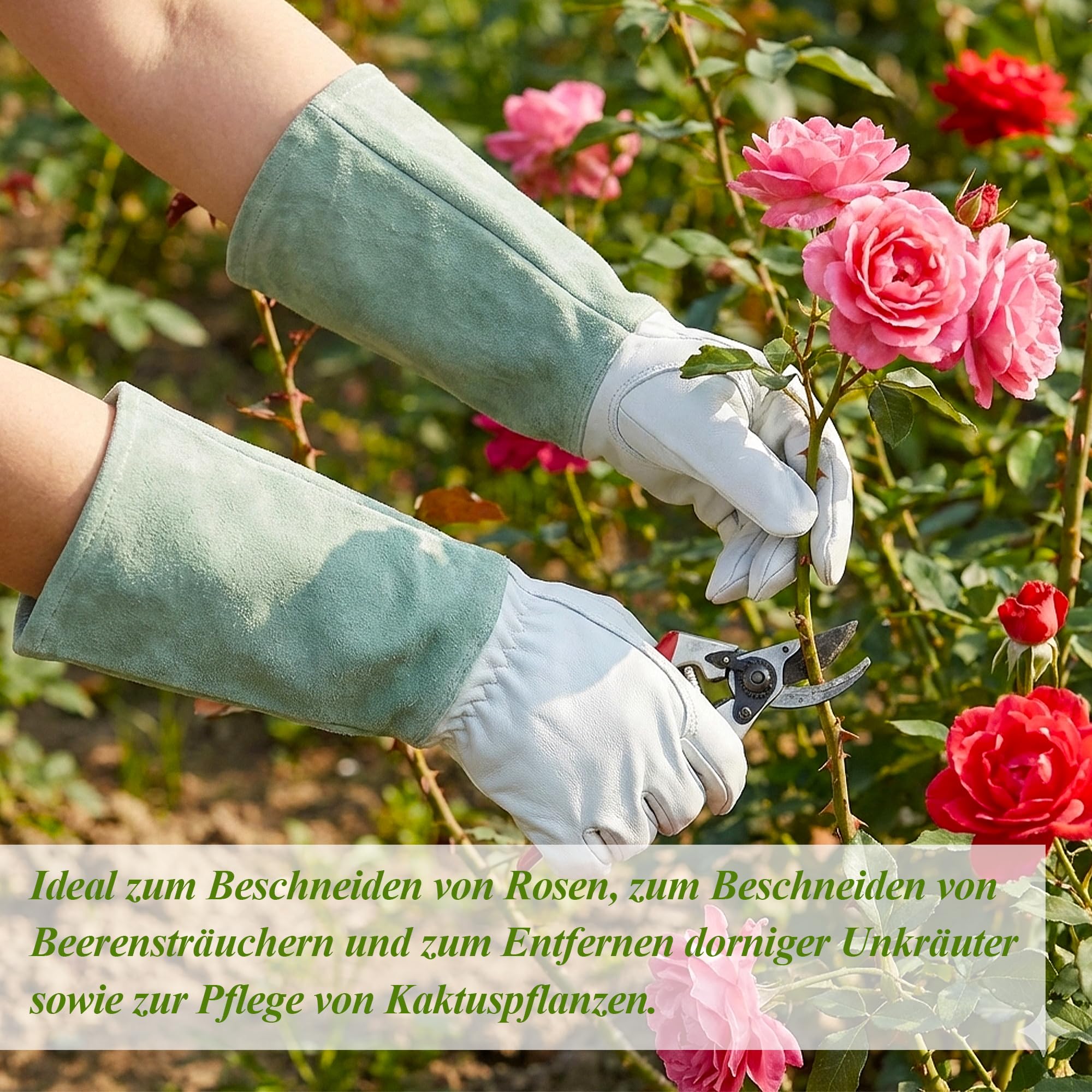 Guantes de jardinería de cuero, resistentes a las espinas, guantes largos de rosas con palma de piel de cabra y puño de piel de vacuno para jardín, rosas, arbustos y árboles frutales (blanco