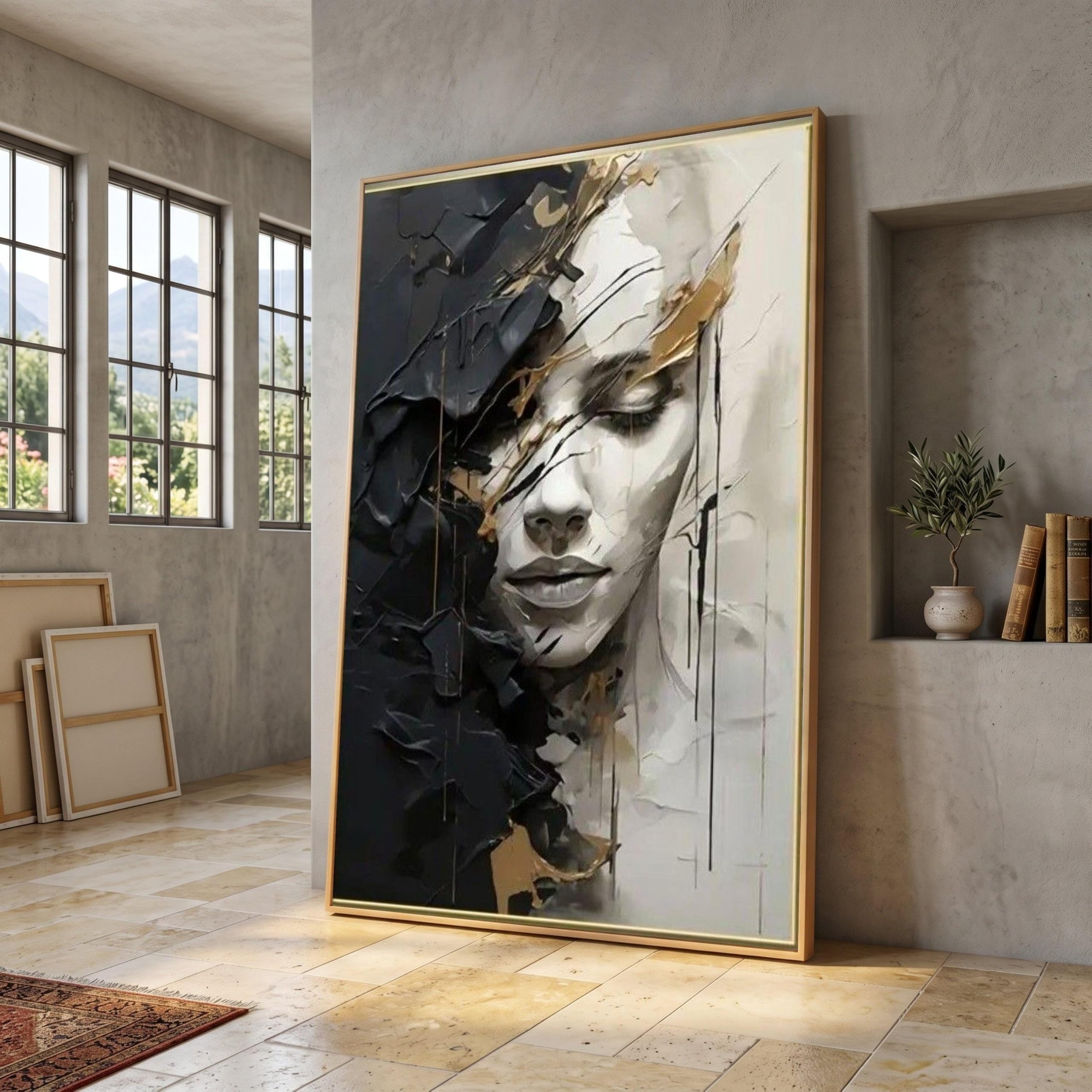 Tongyinli Women's Frameless Abstract Portrait Oil Painting, Modern Woman Face Canvas Art, Monochrome Wall Decor Prints(70X110cm/Frameless)
