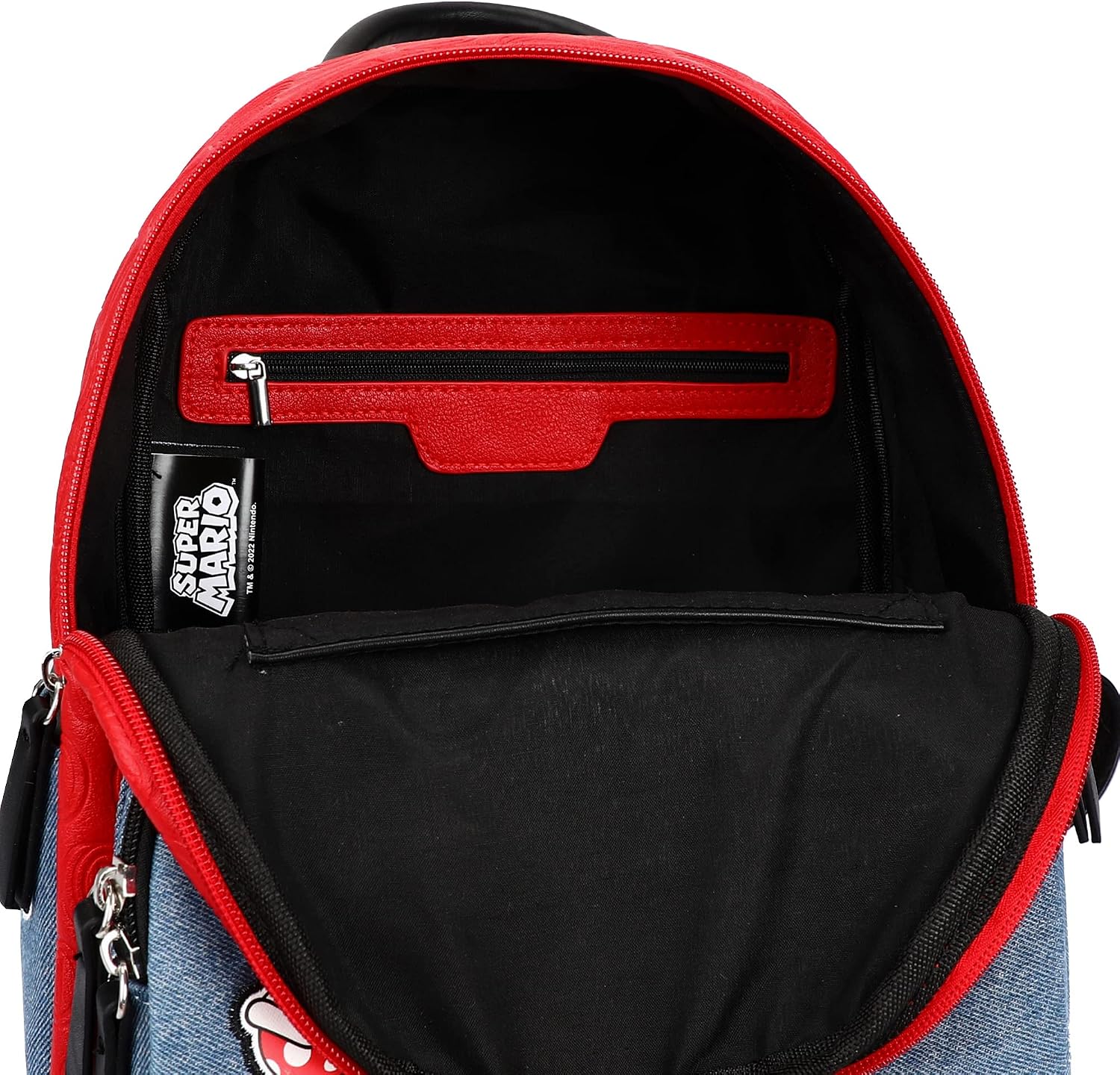 Bioworld Super Mario Icon Patches red and Blue denim tone Embossed Mini Backpack