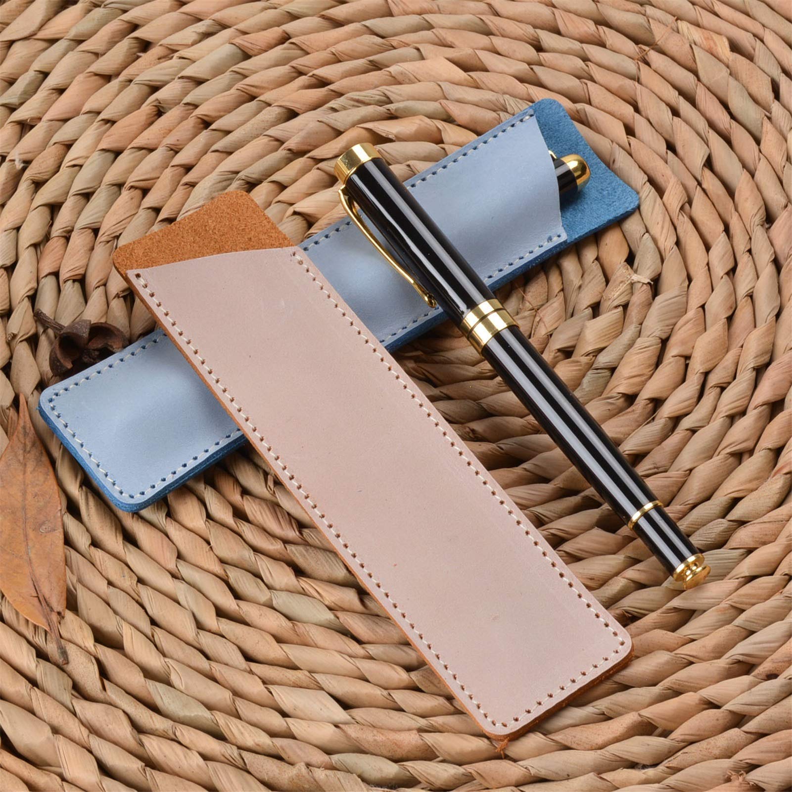 Estuches para lápices, funda para bolígrafo, estuche para bolígrafo hecho a mano de cuero genuino, estuche doble para bolígrafo, caja de almacenamiento para fuente (rojo, 16 x 4 cm) (marrón 16 x 4 c