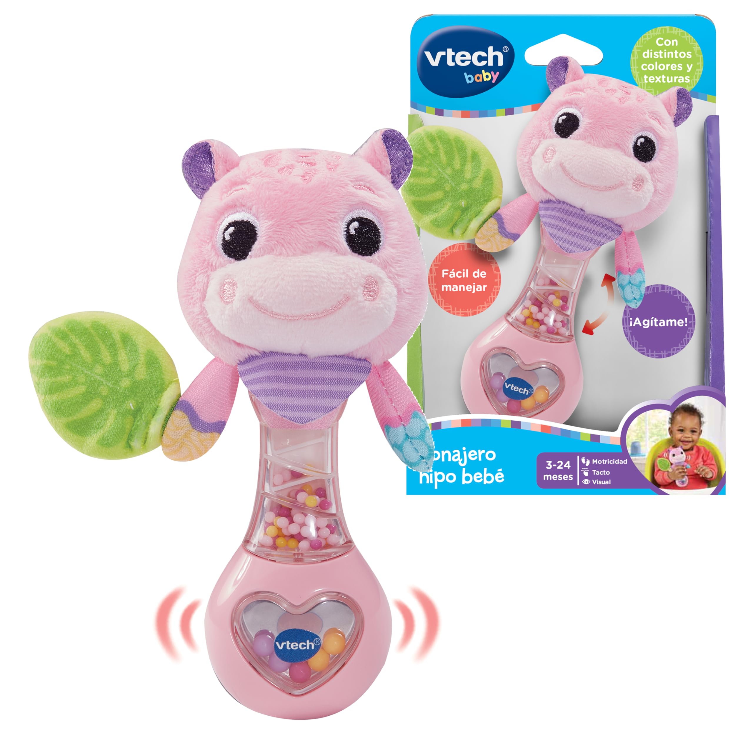VTech-Baby Sonajero Hipo bebé rosa, Ideal para manos pequeñas, Papel crujiente, Orejitas móviles, Sin componentes electrónicos, Regalo bebés +3 meses, Versión ESP