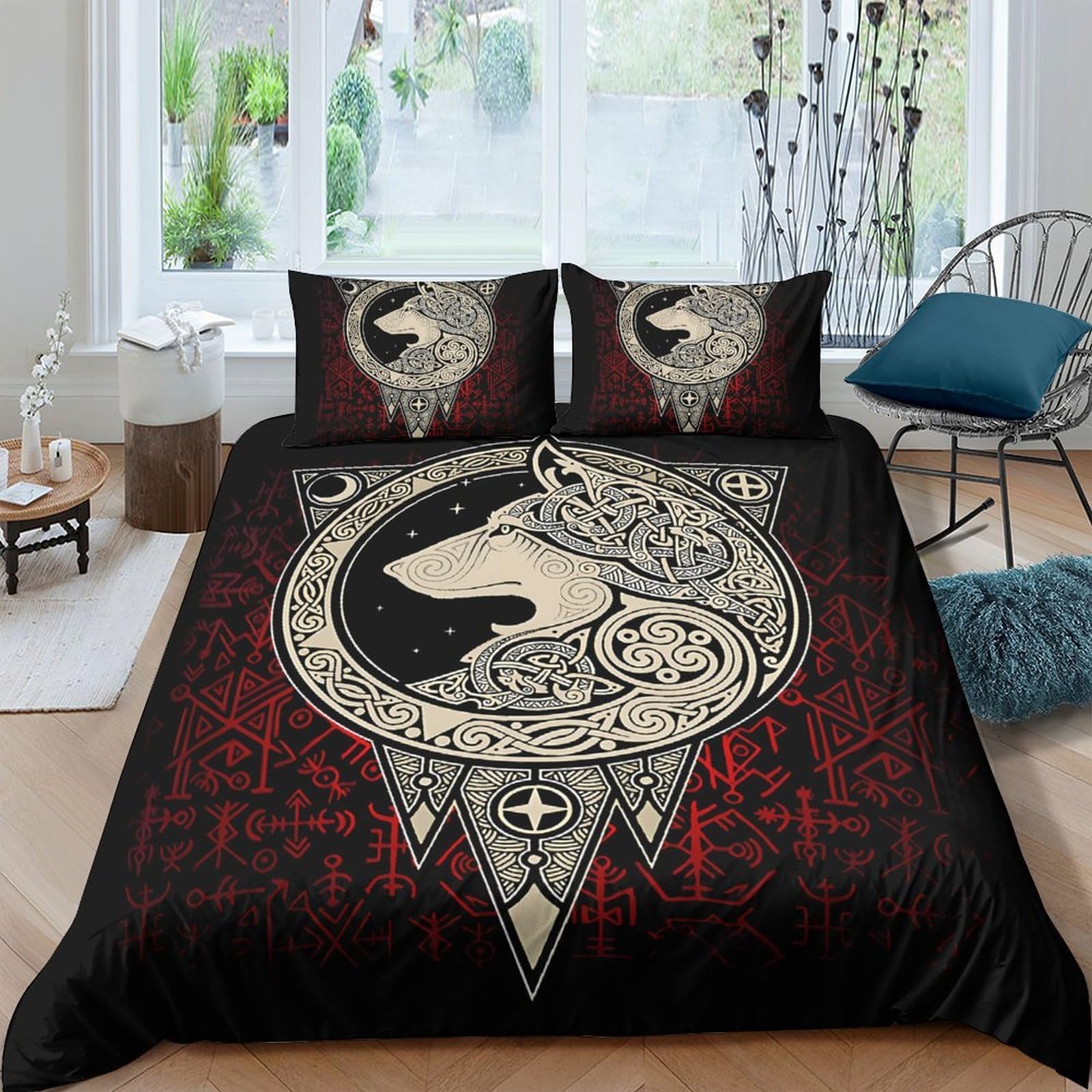 Ctjqhvkz Style-6 3D Printed Wolf Tribal Fitted Sheet Microfiber Soft Red Black Bed Cover For Bedroom Guest Room Decor Protection Single（135X200cm）