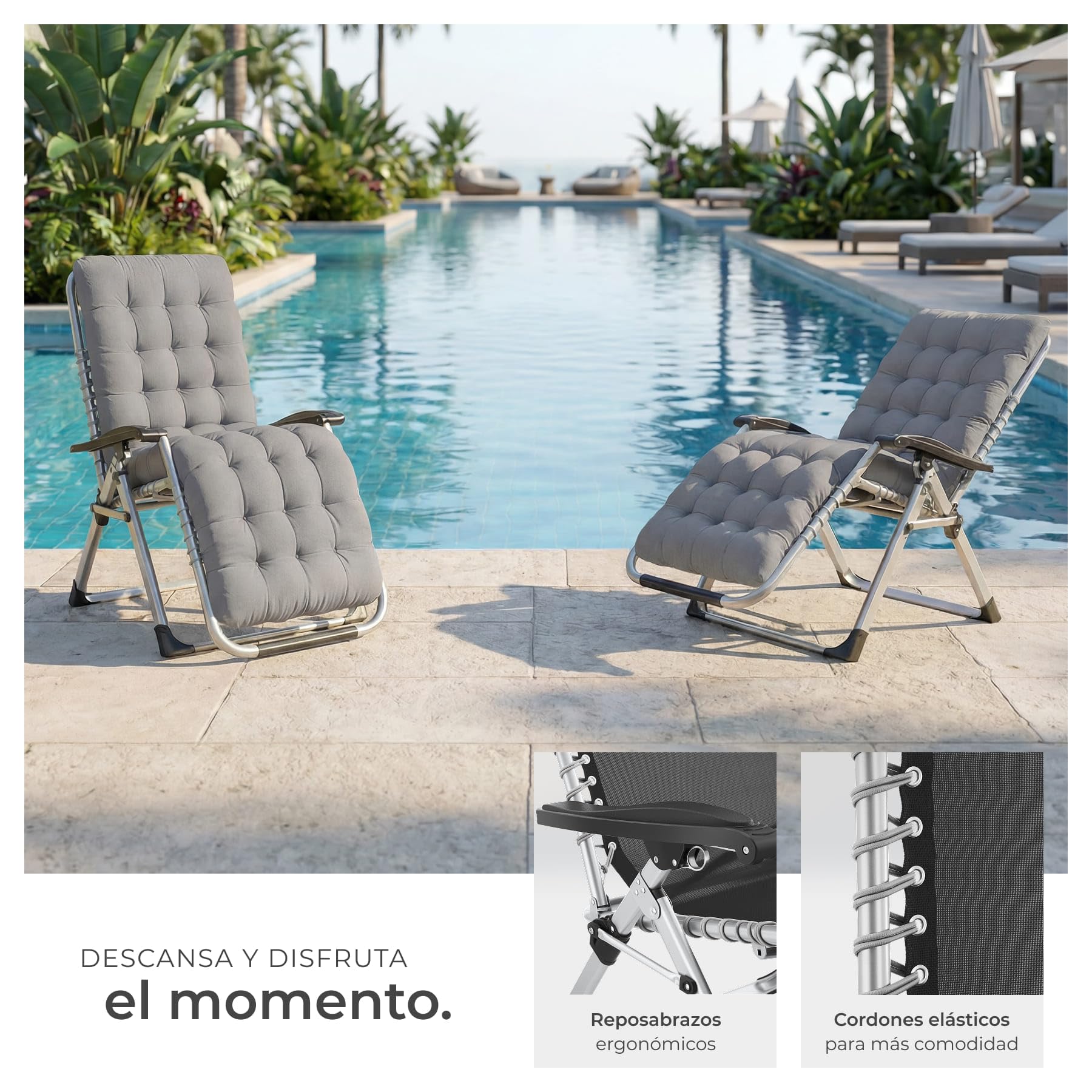 tectake® Silla Tumbona Plegable para Playa y Jardín, Cojín Cabezal Extraíble, Estructura de Acero, Mesa Auxiliar, Ideal para Camping y Picnic, Silla Exterior Terraza - 1 Tumbona Gris Claro