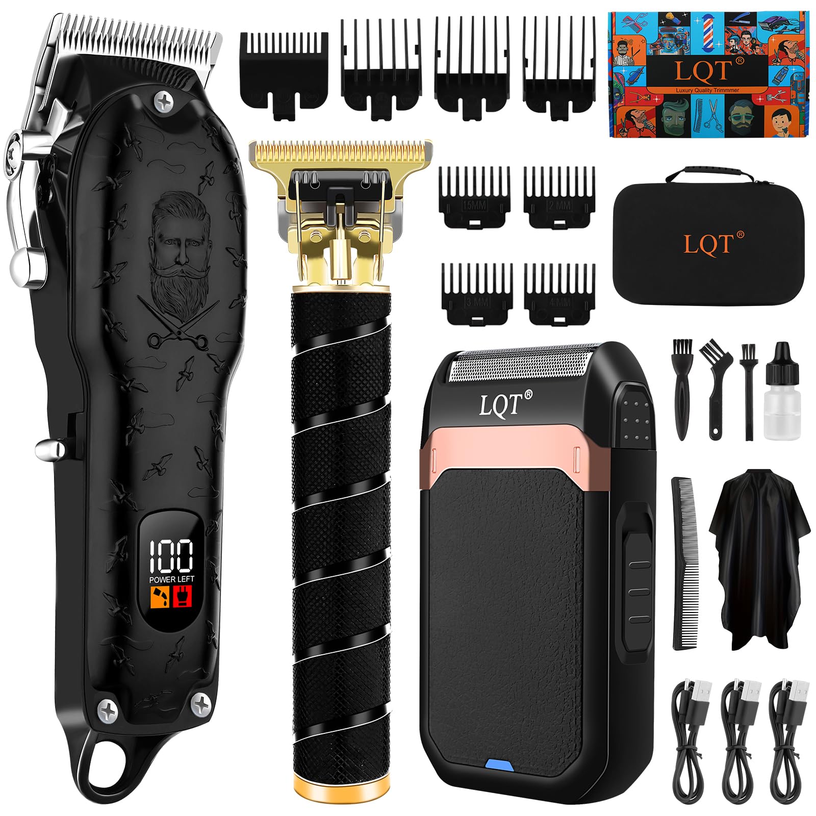 LQT Vintage Black Professional Hair Clippers for Men, Cordless T-Blade Beard & Mustache Trimmer Kit, LED Display, Rechargeable Electric Hair Cutting