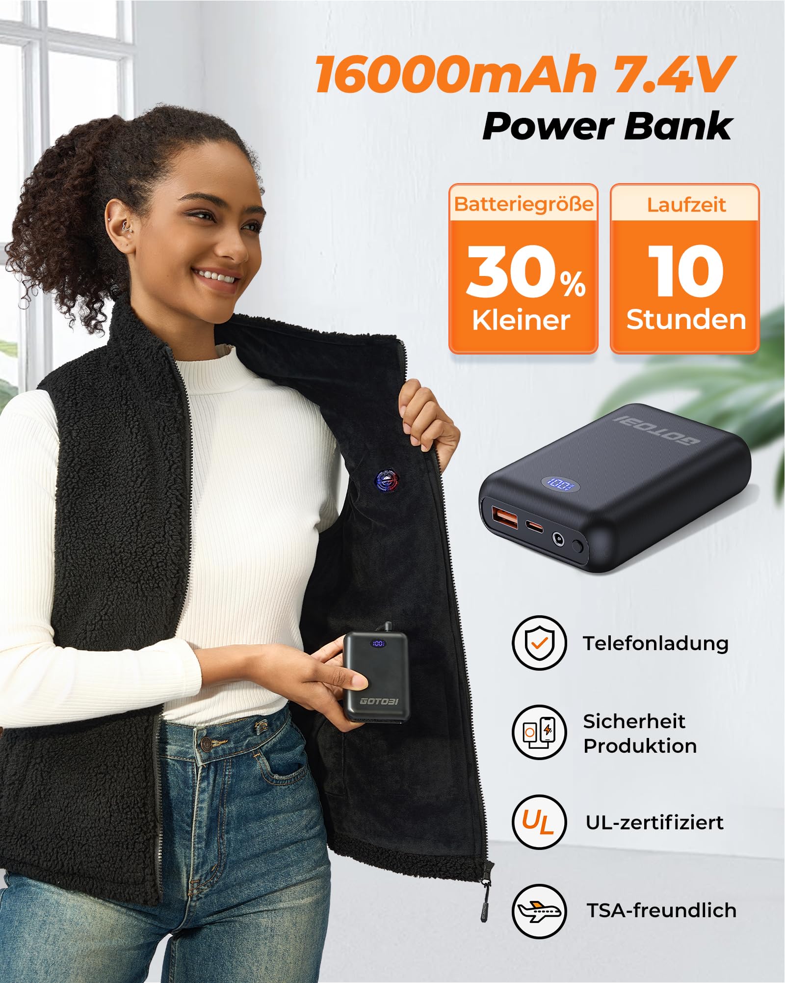 Beheizbare Fleece Weste Damen mit 16000mAh 7.4V Powerbank,9 Heizzonen Beheizte Fleeceweste mit 3 Einstellbar Temperatur,Wärmeweste Jacke,Heizweste Damen für Radfah, Outdoor-Arbeit