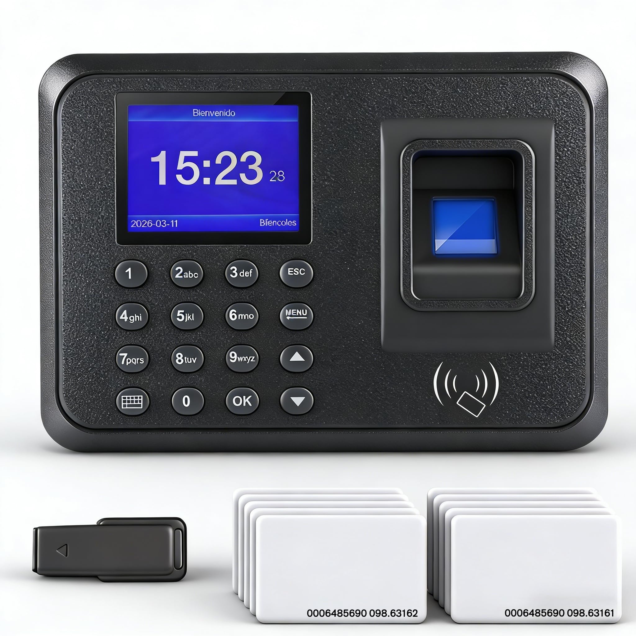 Reloj de Fichar Biométrico 3 en 1 – Control Horario con Huella Dactilar, Tarjeta RFID y Código PIN – Máquina de Asistencia para Pequeñas Empresas, Sin Internet, 10 Tarjetas Incluidas, Español
