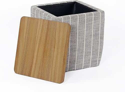 Miniatura 5 de HomePop Otomana de almacenamiento para decoración del hogar con parte superior de madera, otomana tapizada moderna cuadrada de almacenamiento con