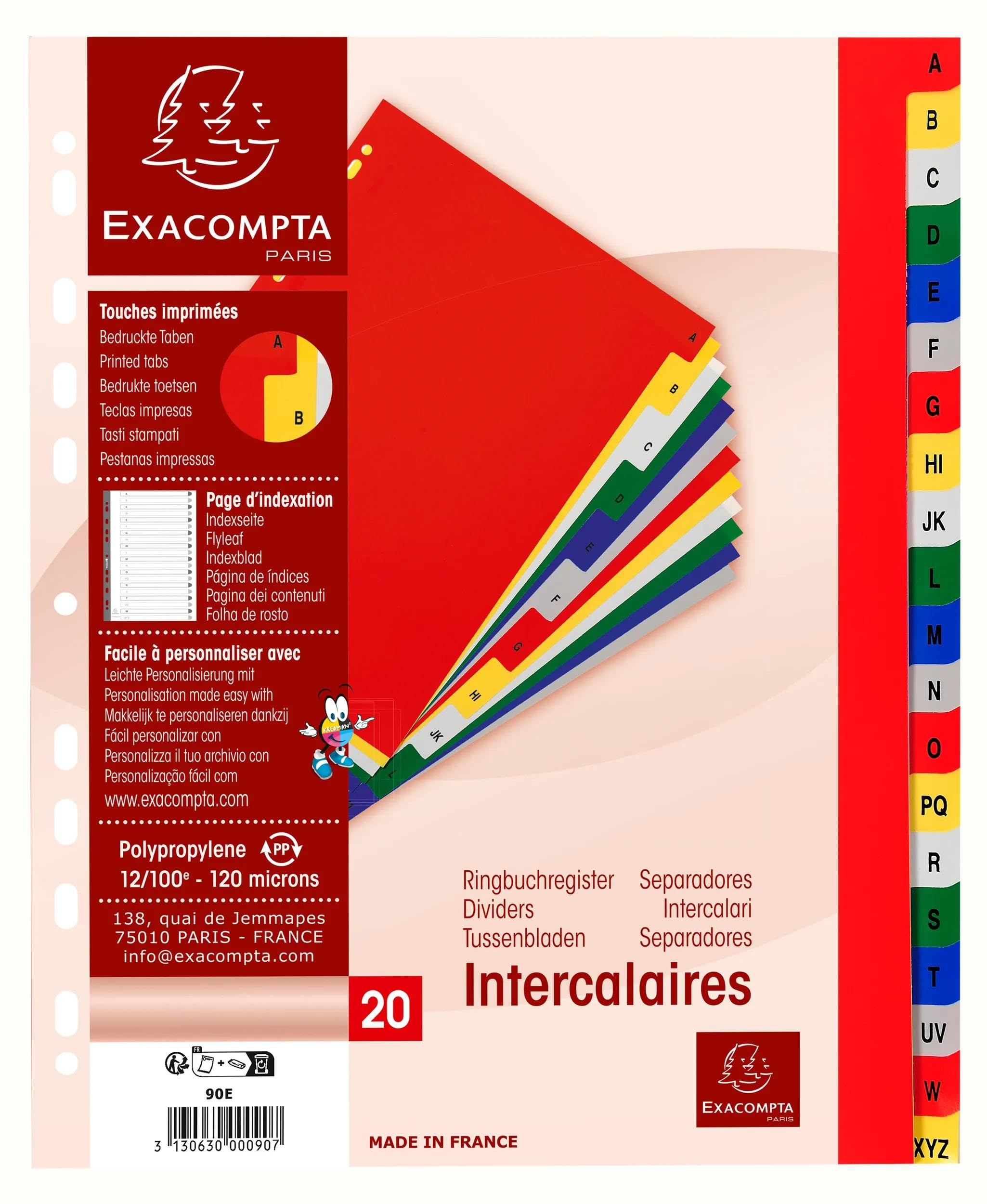Exacompta - Nr ref. 90E - Karton 20 przekładek polipropylenowych z 20 zakładkami z nadrukiem alfabetycznym od A do Z w kolorze - Niezmienna strona indeksująca - Maks. format A4-24,5 x 29,7cm