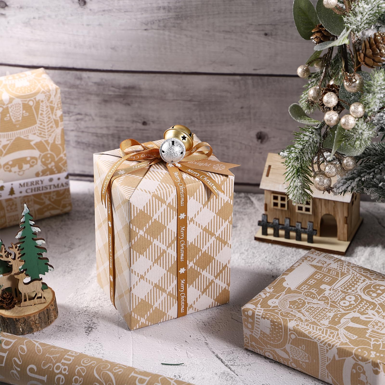Papier Cadeau De Noël Kraft 3D - Motif Arbre De Noël Or Et Blanc Gaufré - Rouleau 43,2 Cm X 5 M - Écologique Et Solide