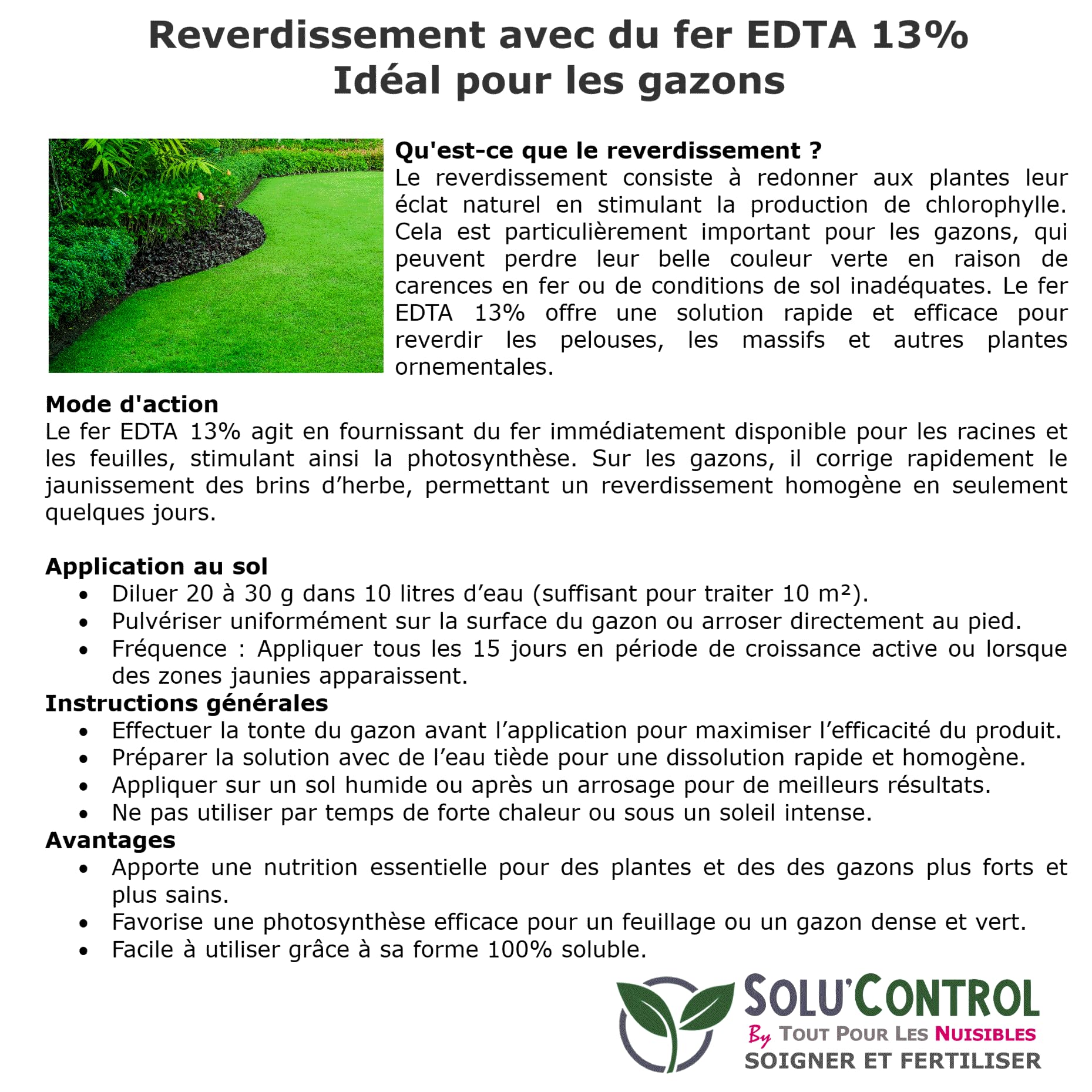 Solu'Control Chélate de Fer EDTA 13%, Anti-chlorose, Fertilisant, Reverdissant, 3 kg