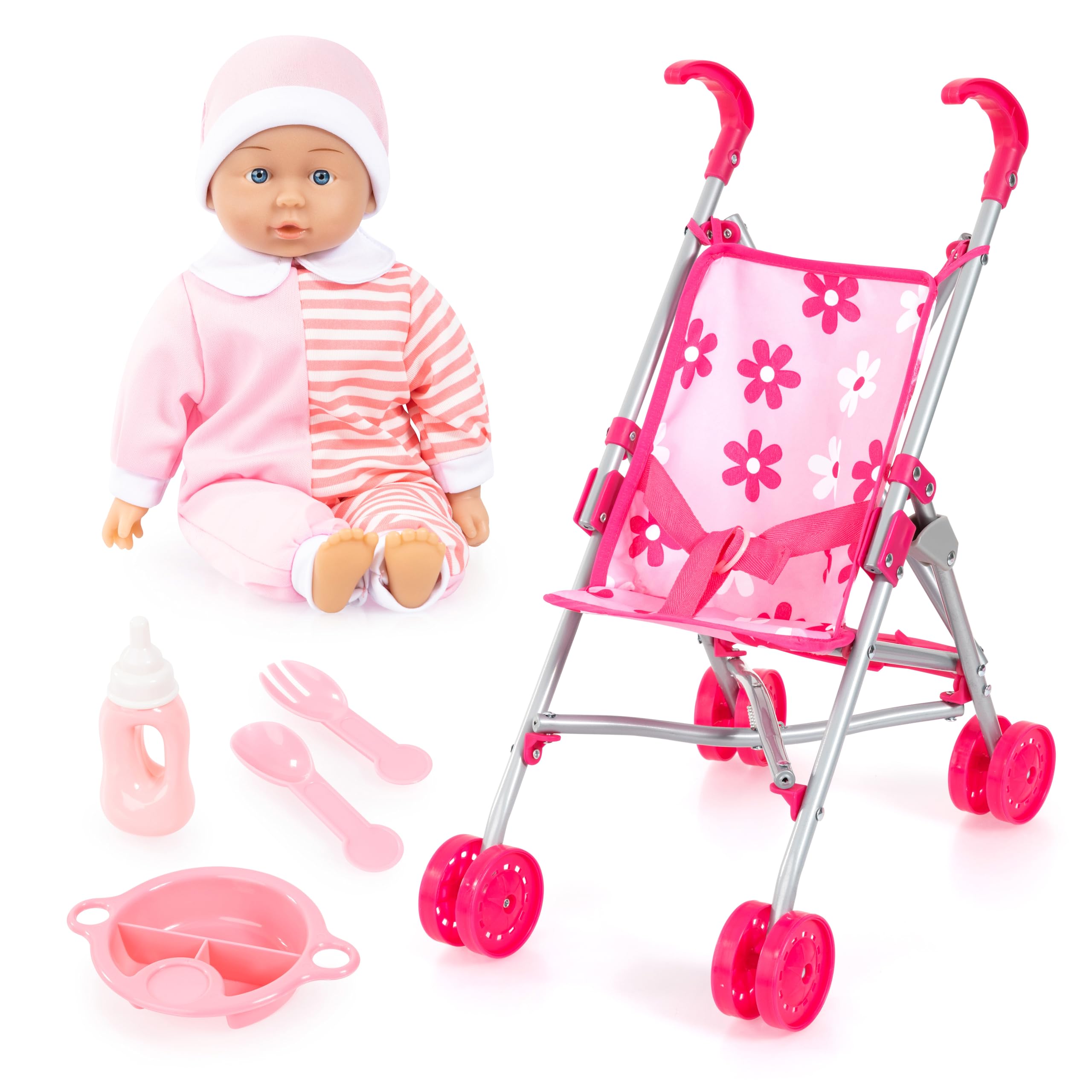 Bayer Pink Dolls Stroller - Doll and Pram Set for 2 Year Old with Soft, Cuddly Baby Dolly 36 cm & Feeding Baby Doll Accessories - My First Foldable Dolls Pushchair, Toy Buggy for Girls, Toddler, Kids