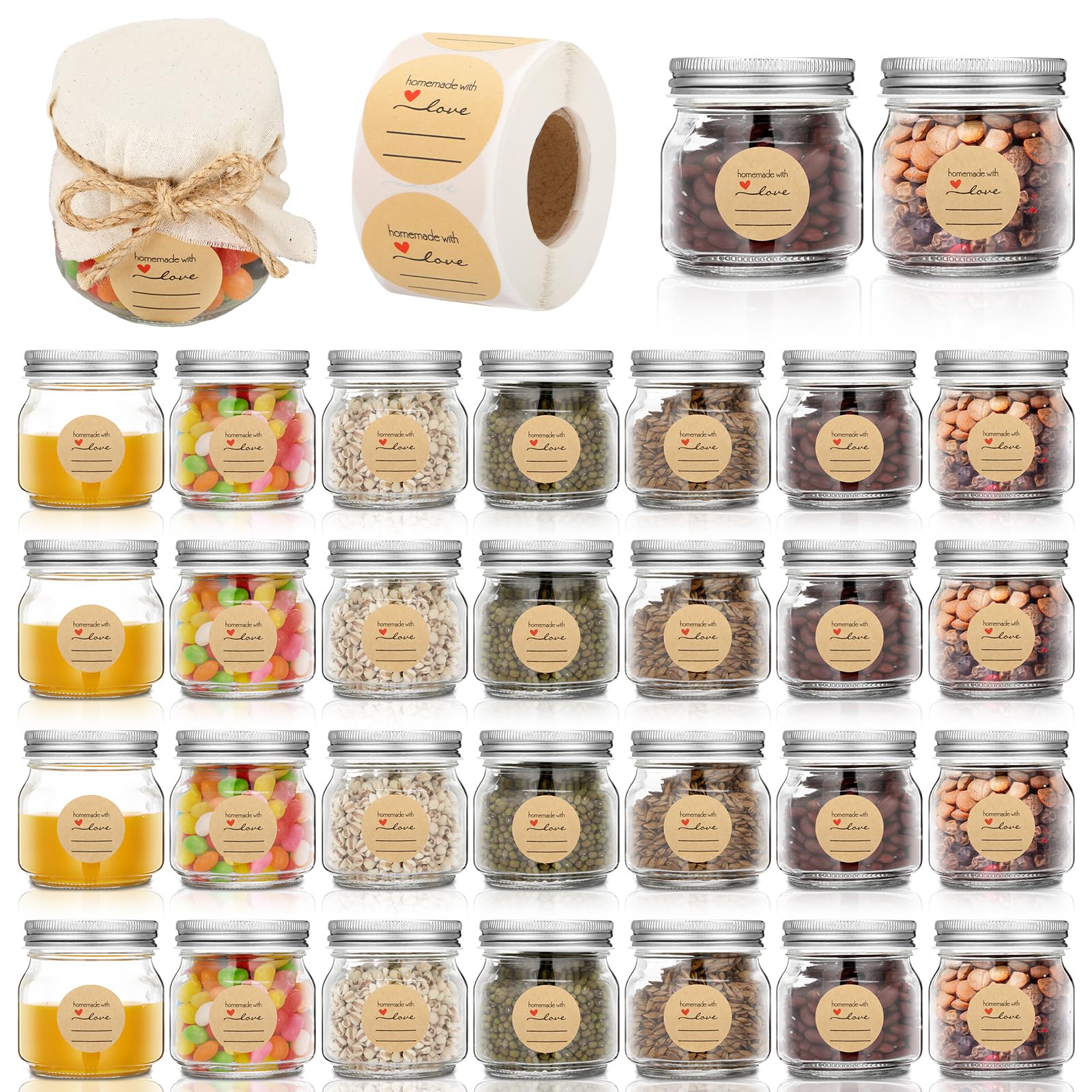 Blushtier 30 Pack Mason Jars 8 oz with Lids and Bands,Regular Mouth Small Glass Canning Jars with 500 Labels and 30 Burlaps for Jam,Honey,Jelly,Spice,Wedding Favors,Kitchen Food Storage