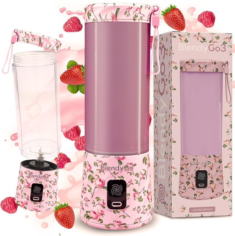 BlendyGo 3 Tragbarer Mixer, Blender, Mini Standmixer, 550 ml, Smoothie maker, Mixer smoothie maker to go, kabellos, zerkleinert Eis und Obst, BPA-freie, PulseMotion & BlendPro (Rose)