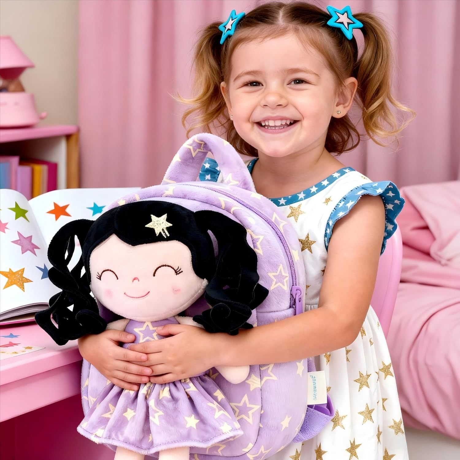 Gloveleya Toddler Backpacks Baby Girl Gifts Curly Hair Plush Figures Dress Backpack Kids Backpack Curly Hair Spring Girl - Black Head Purple Star 9inches - Image 4